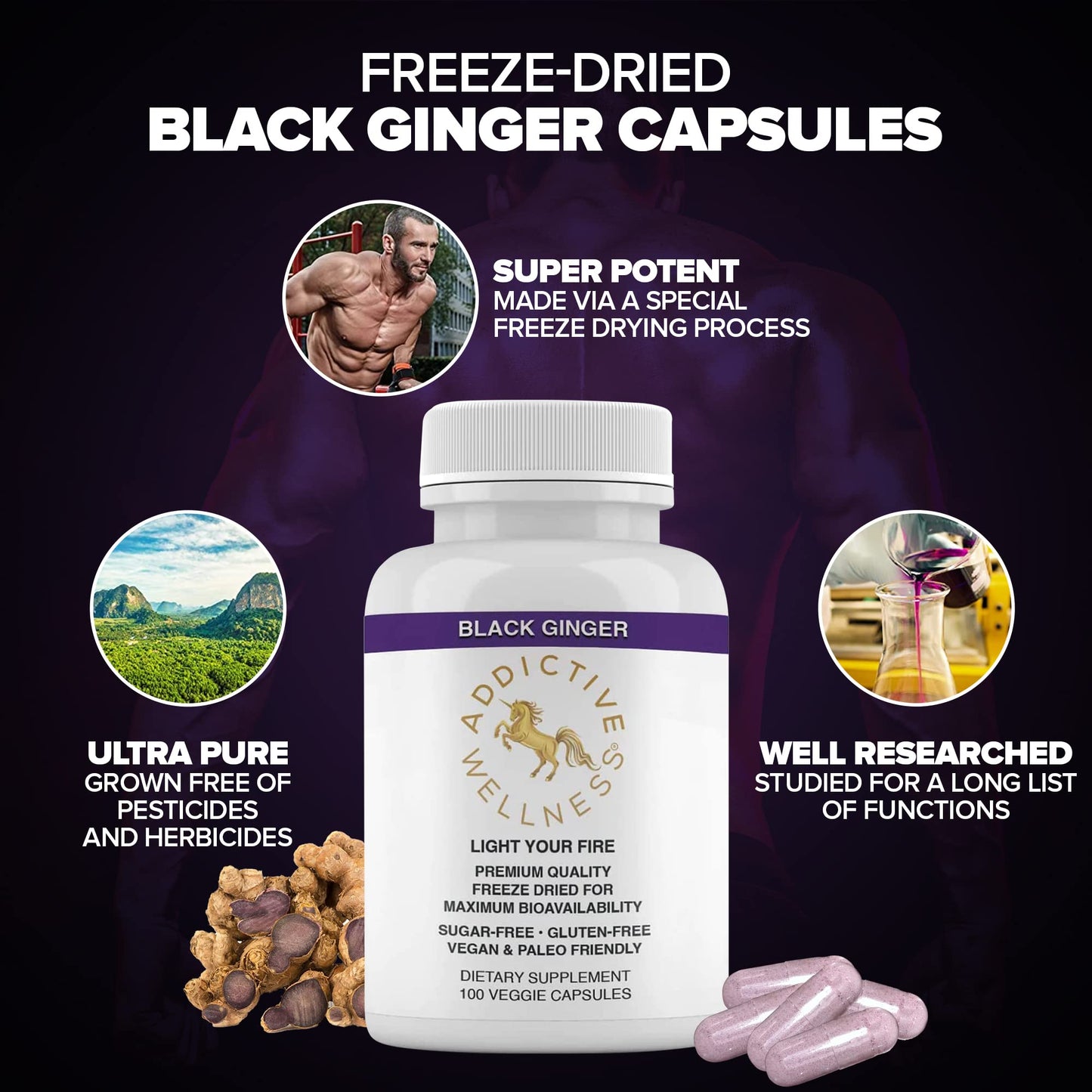 Addictive Wellness Black Ginger for Men, Energy & Stamina Capsules, 100 Count