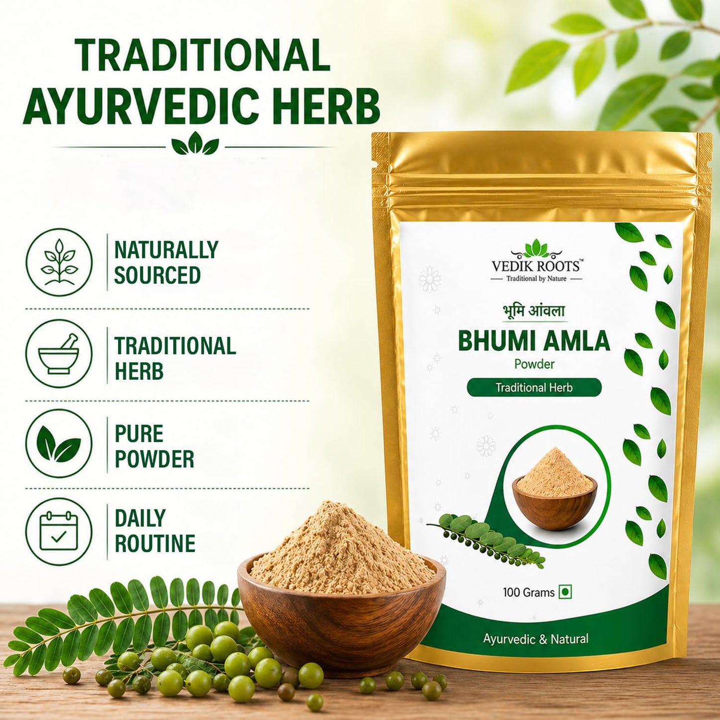 VEDIKROOTS Bhumi Amla Powder/Churn - Organic and Pure Ingredient Extract for Healthy Liver Functioning and Digestive Strength Enriched with Essential Nutrients, Powder, 3.5274