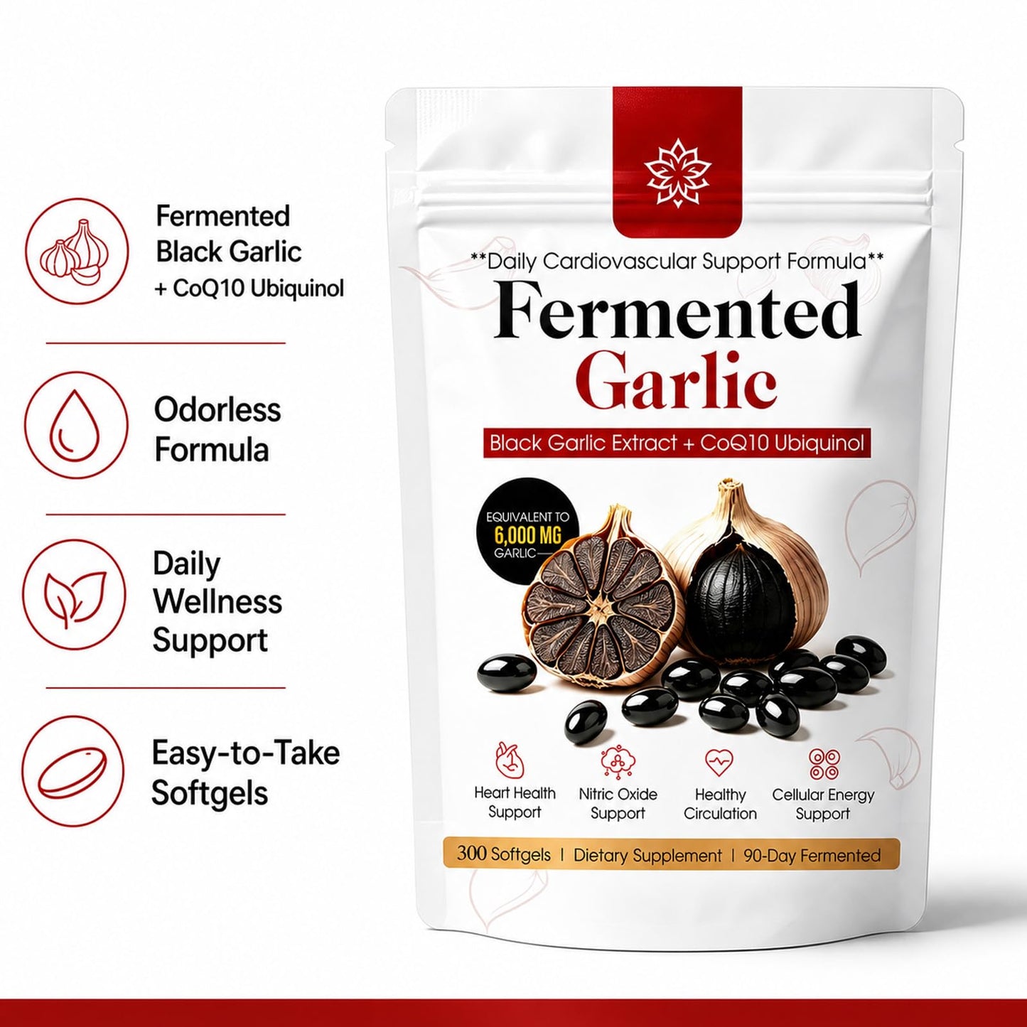BnPnCn Fermented Black Garlic Extract + CoQ10 Ubiquinol Softgels, Odorless Daily Supplement, Supports Heart Health, 300 Count