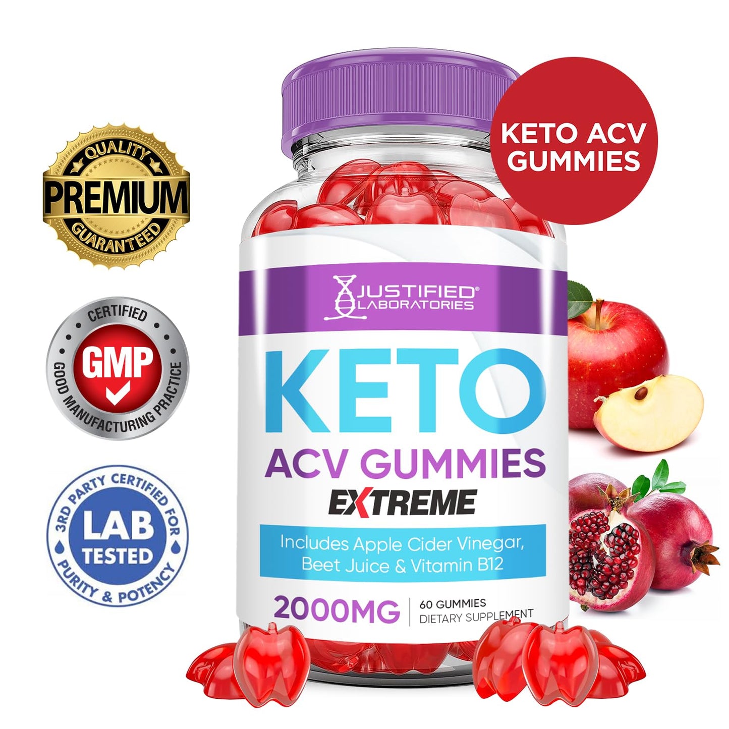 Justified Laboratories Keto ACV Gummies Advanced Support Extreme 2000MG Keto Gummy Apple Cider Vinegar Formulated with Pomegranate Beet Juice Powder B12 Vegan Non GMO, 60 Gummies