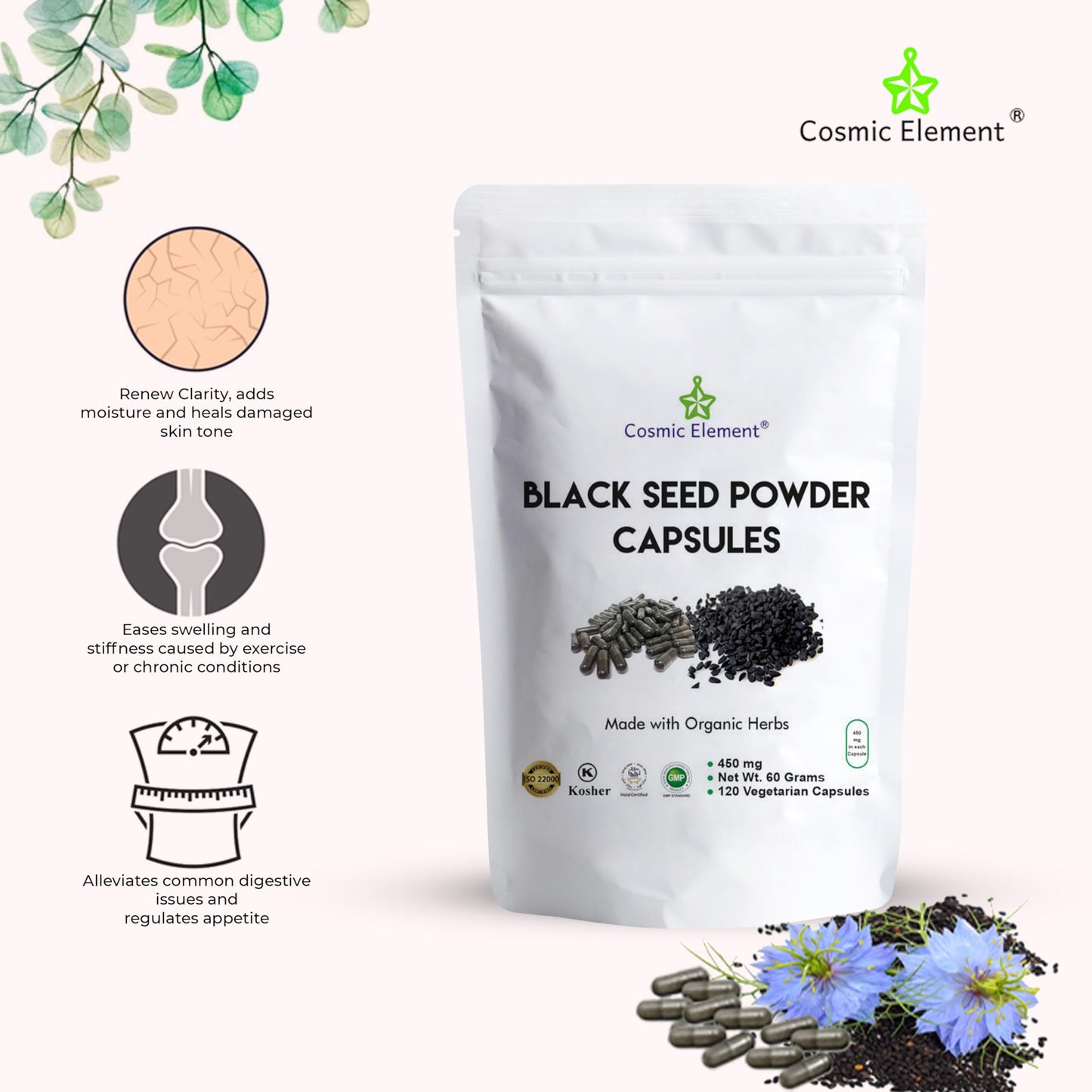 Cosmic Element Black Seed Powder Organic Vegan Nigella Sativa 450mg, 120 Capsules