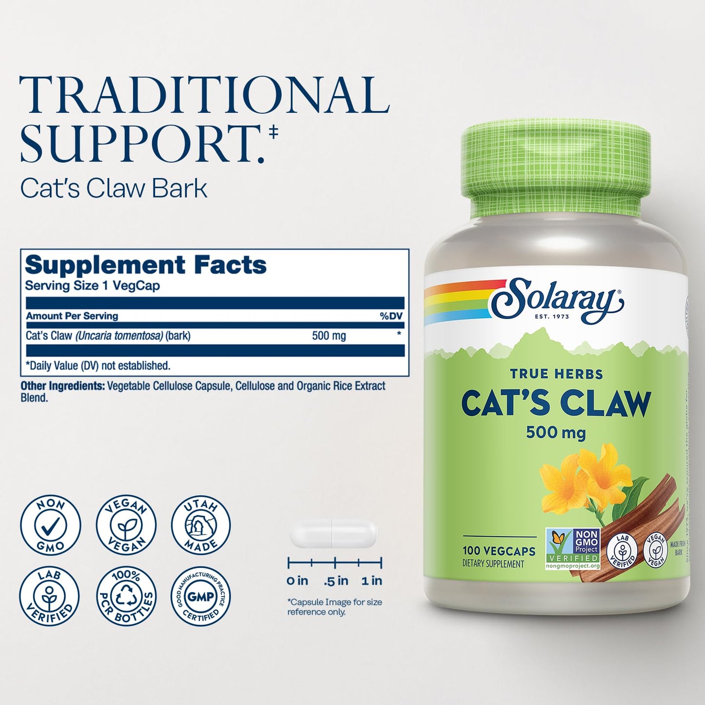 Solaray Cat's Claw Bark 500mg Capsule, 100 Count