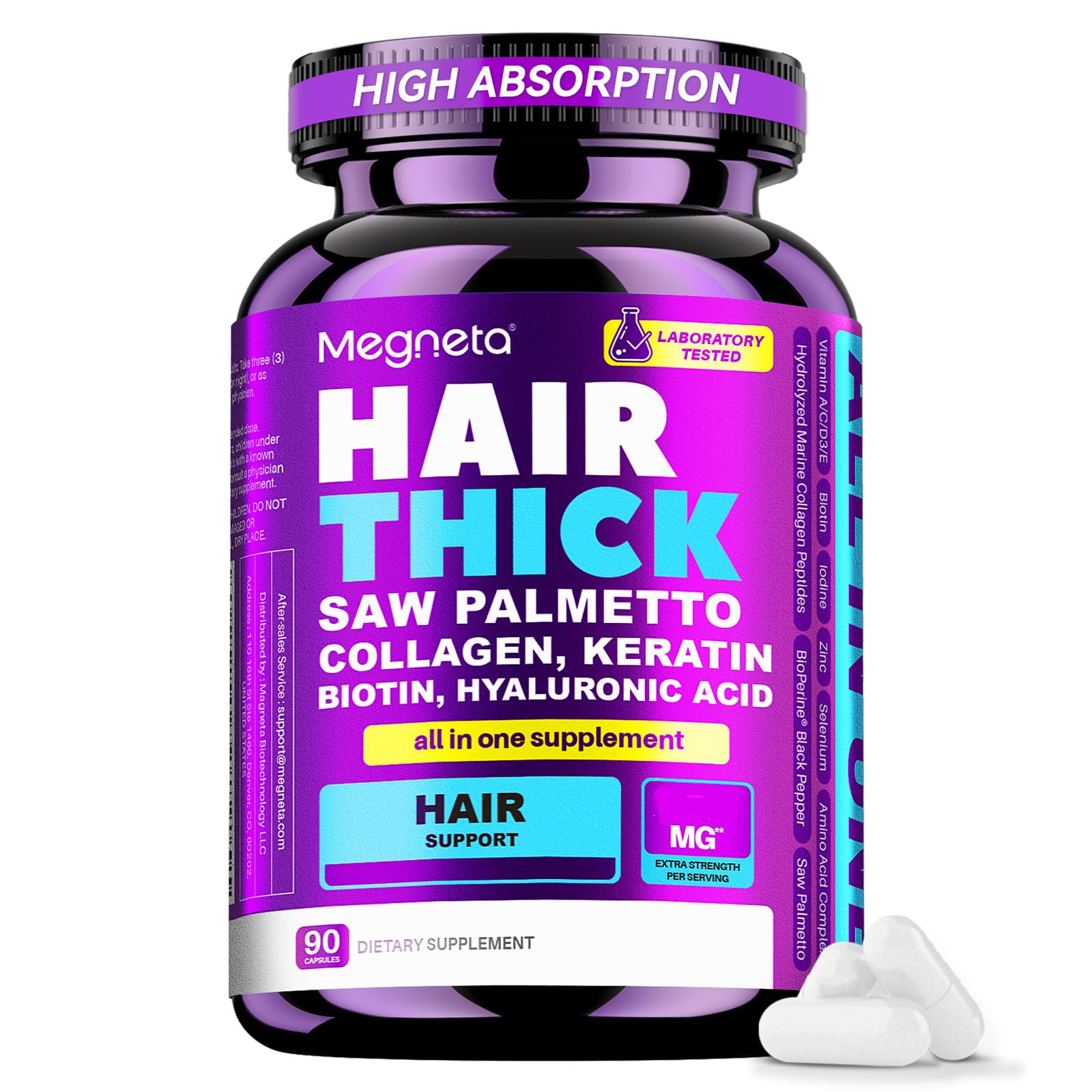 MEGNETA Hair Growth Supplement Capsules, 90 Count