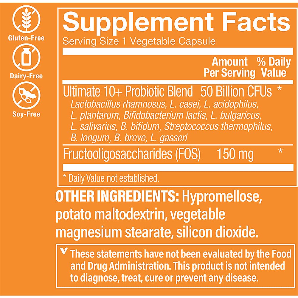 The Vitamin Shoppe Ultimate 10+ Probiotics 50 Billion CFU - 10 Probiotic Strains for Digestive Health, Immune & Gut Support, Capsules, 30