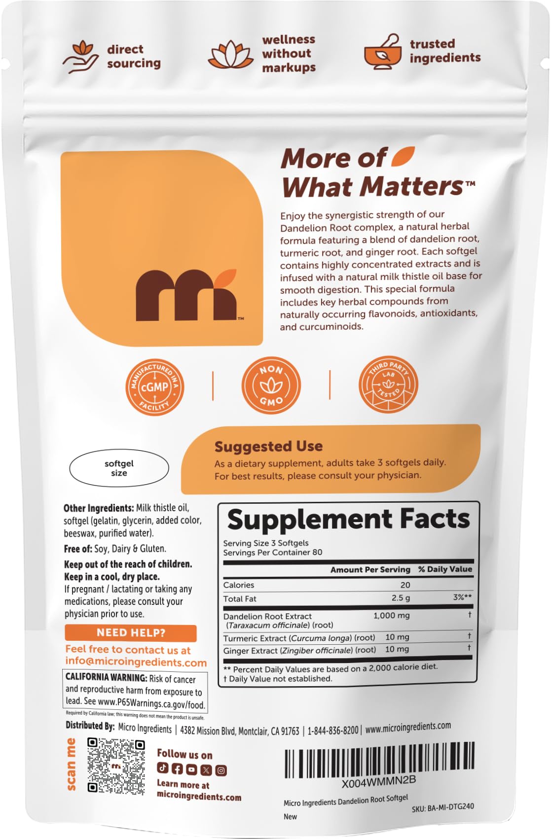 Micro Ingredients Dandelion Root Extract with Turmeric & Ginger 1000mg Softgels, 240 Count
