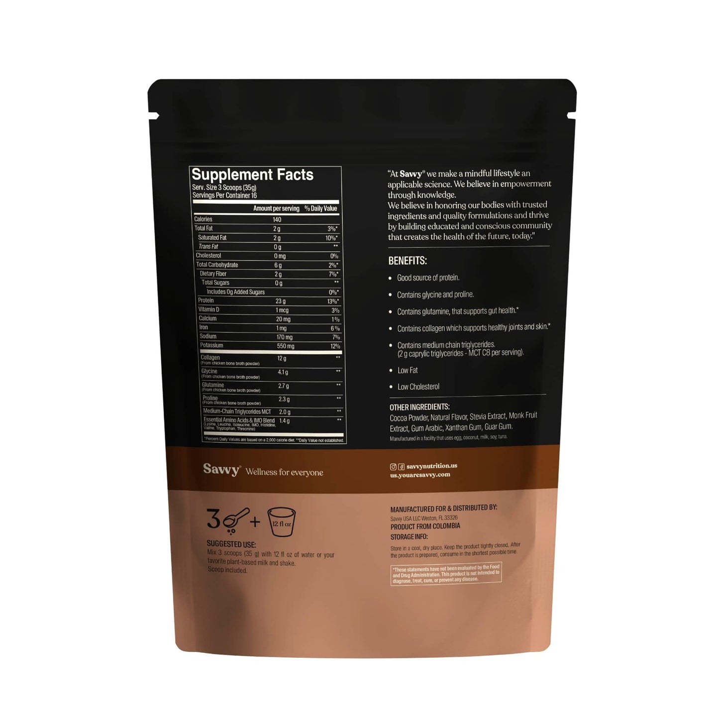 SAVVY Bone Broth Power Chocolate Protein Powder, 560g (16 Servings)