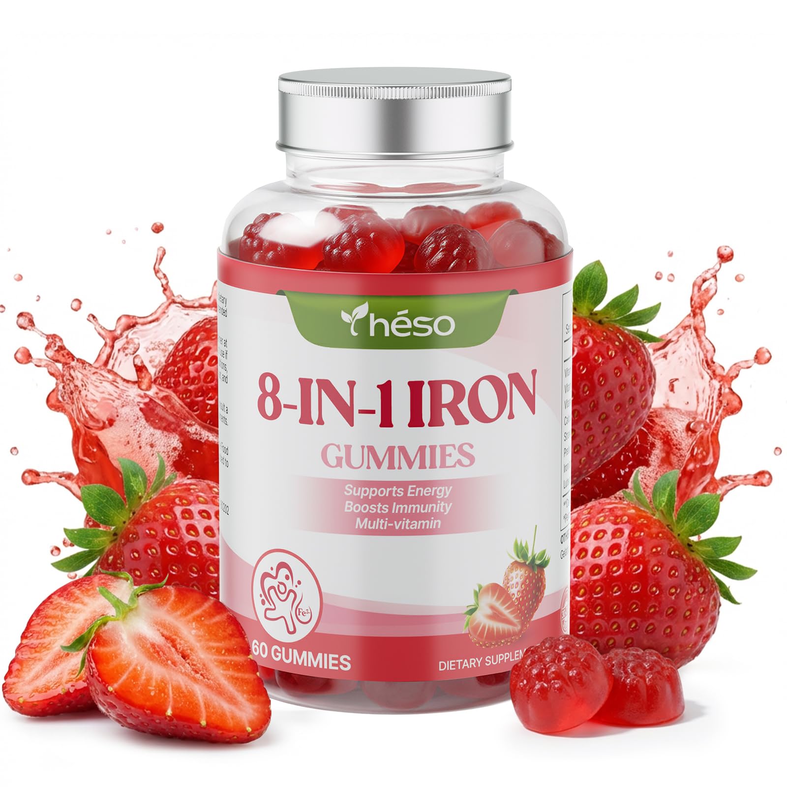 Yheso Iron Gummies for Kids & Teens – Multivitamin with 20mg Iron, Vitamin A, C, B6 & Lutein – Sugar Free – Strawberry Flavor, 60 Gummies