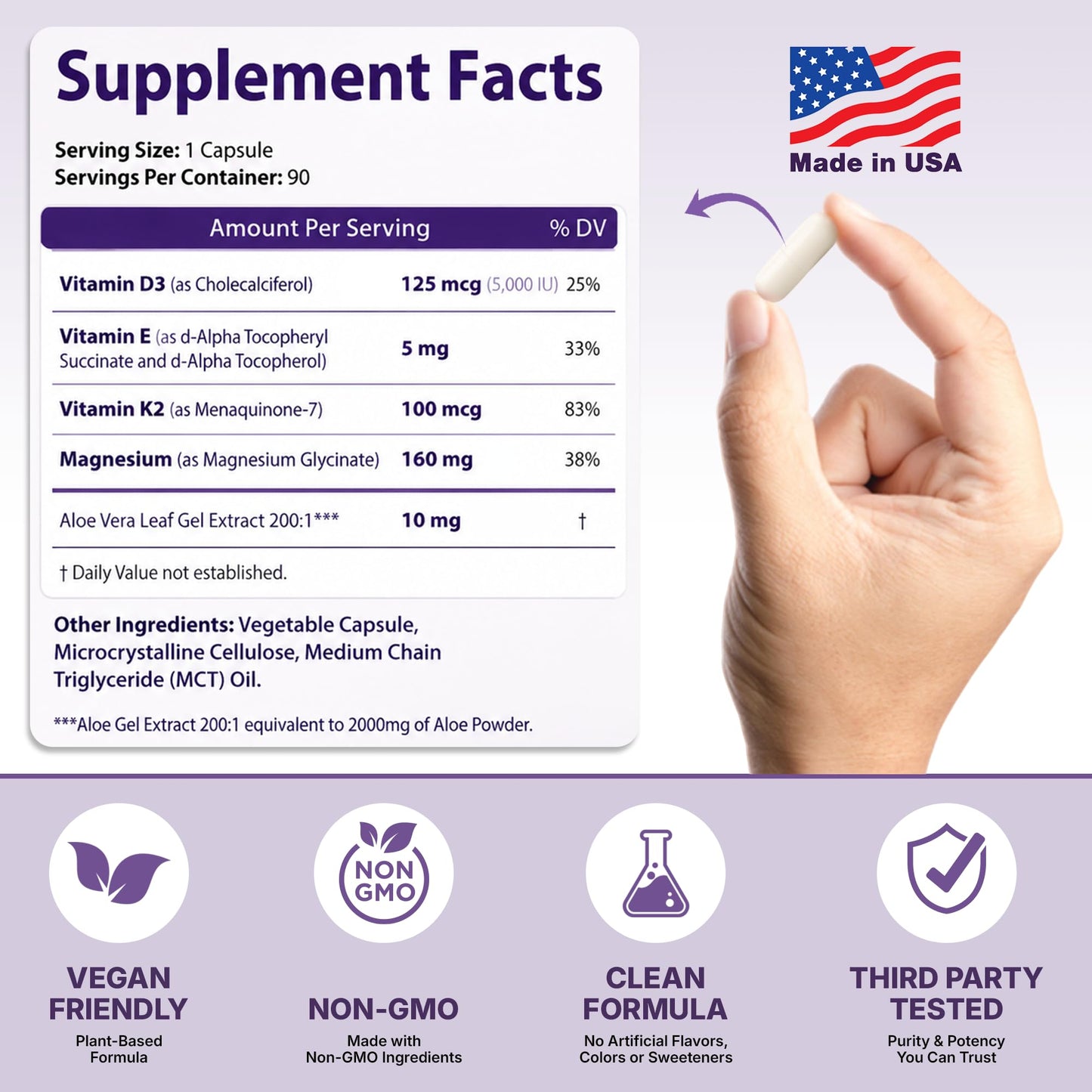 Clear Probiotics Magnesium Glycinate 160mg Chelated Supplement with D3 K2 E for Sleep Capsule 90 Count