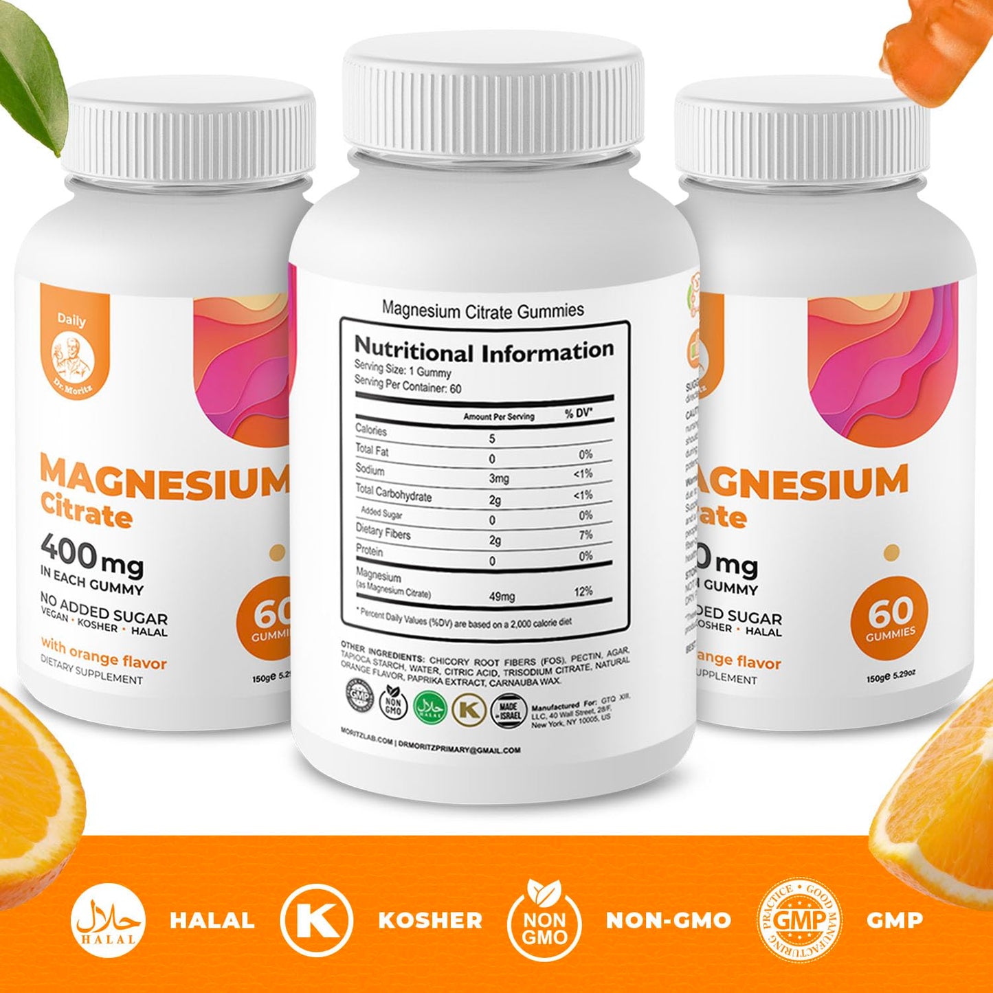 DR. MORITZ Magnesium Citrate Gummies Sugar-Free - 400 MG (Orange Flavor), 60 Count