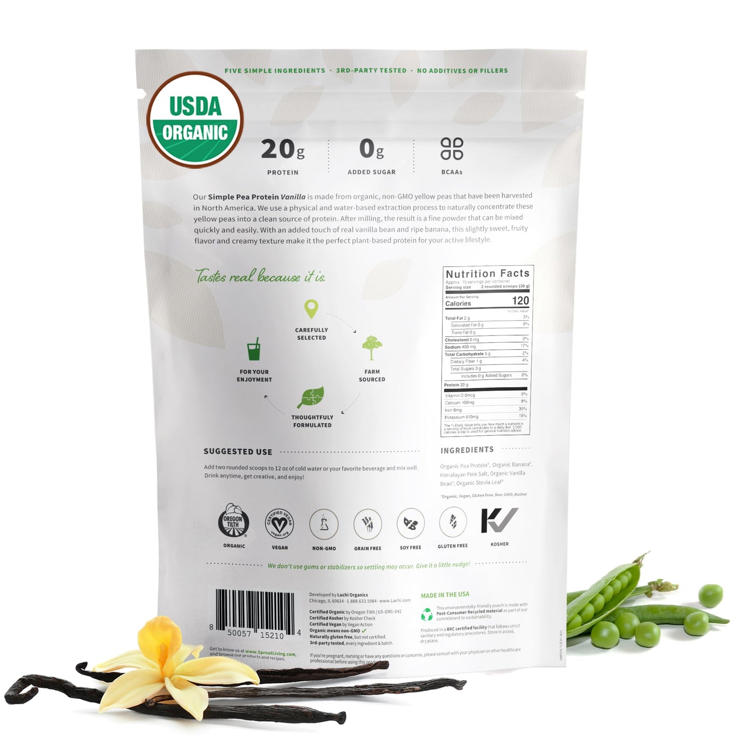 Sprout Living Organic Pea Protein Powder, Vanilla Flavor, 16