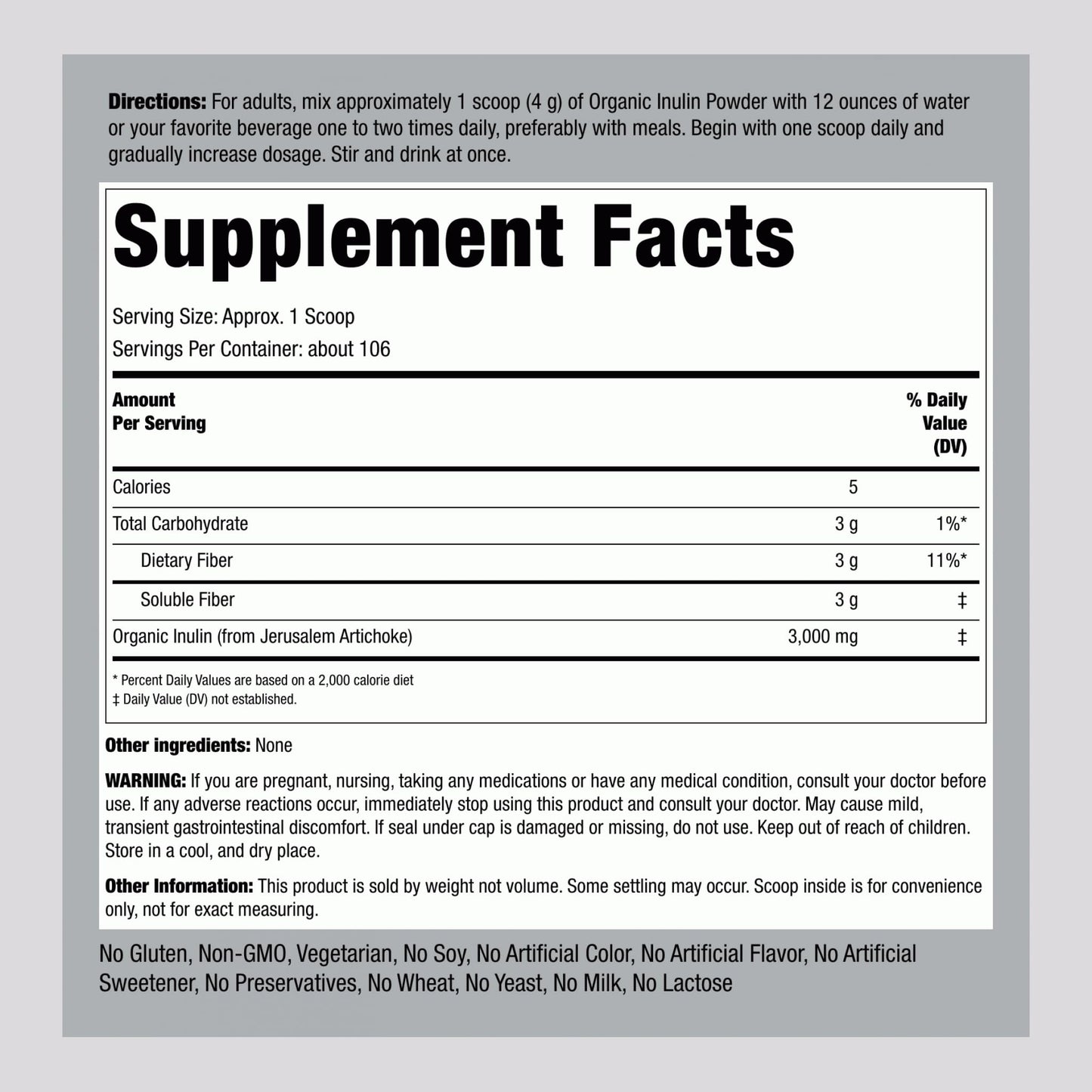 Piping Rock Organic Inulin Powder 15 Ounce