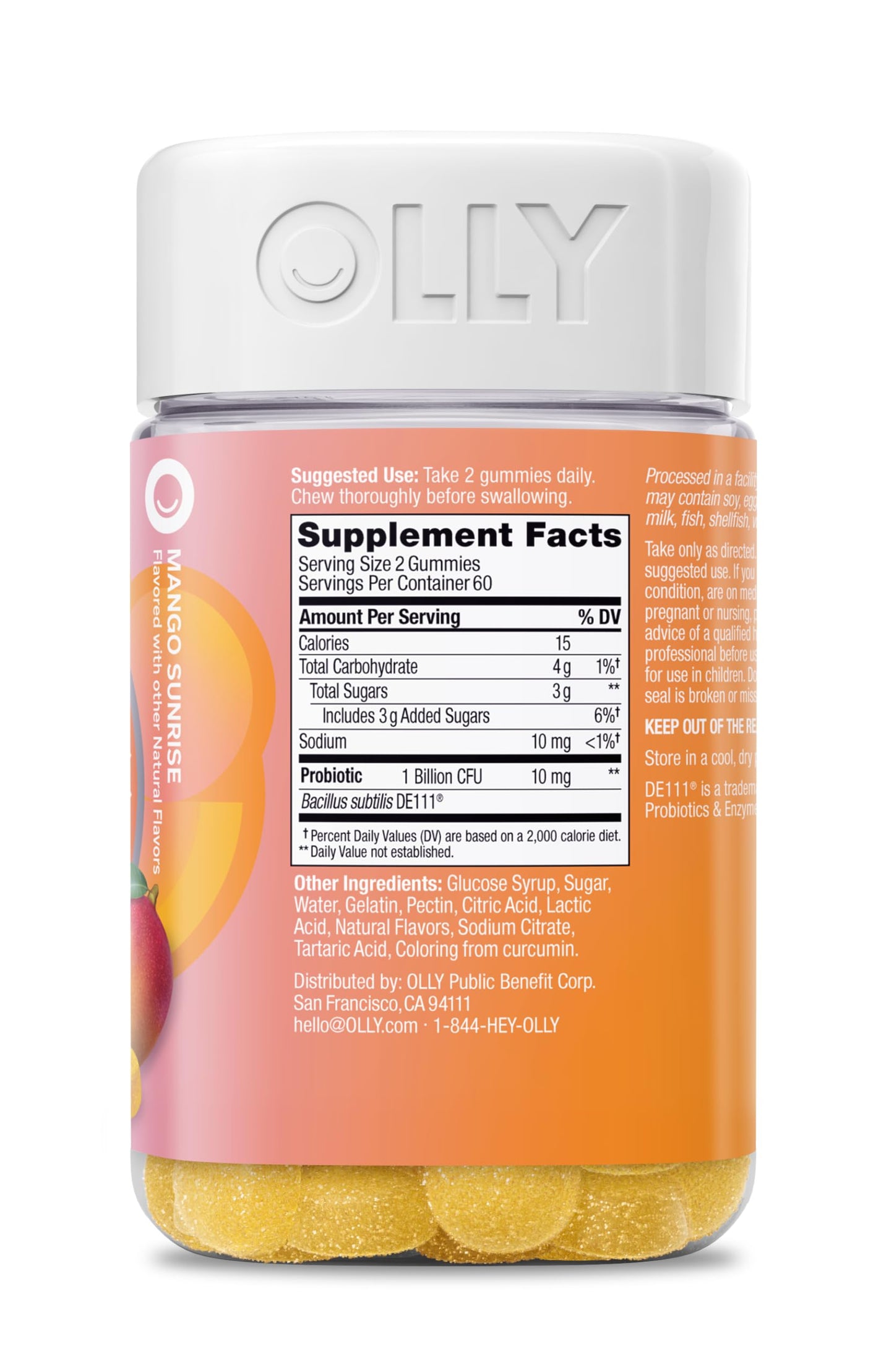 OLLY Probiotic Gummy Immune and Digestive Support, 1 Billion CFUs, Mango, 120 Count