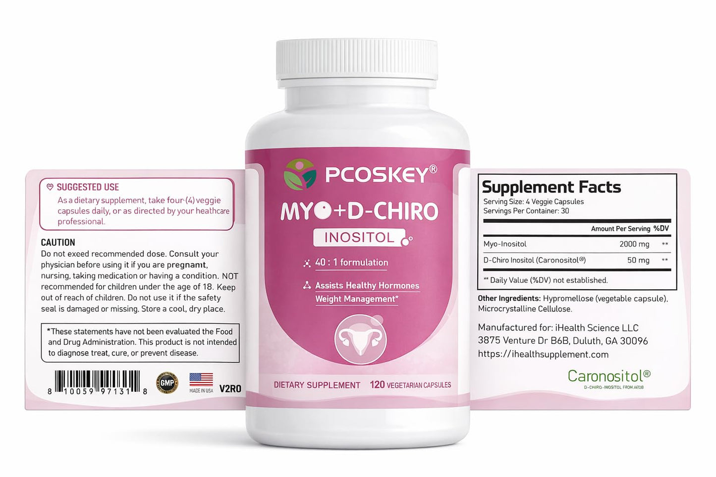 pcoskey Myo-Inositol & D-Chiro Inositol Capsules for Women, 120 Count