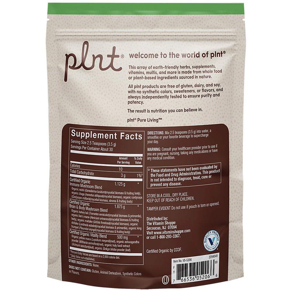 plnt Organic Multi-Mushroom Powder with Ashwagandha and Ginkgo Biloba Immune, Brain & Stress Support, Powder, 3.7
