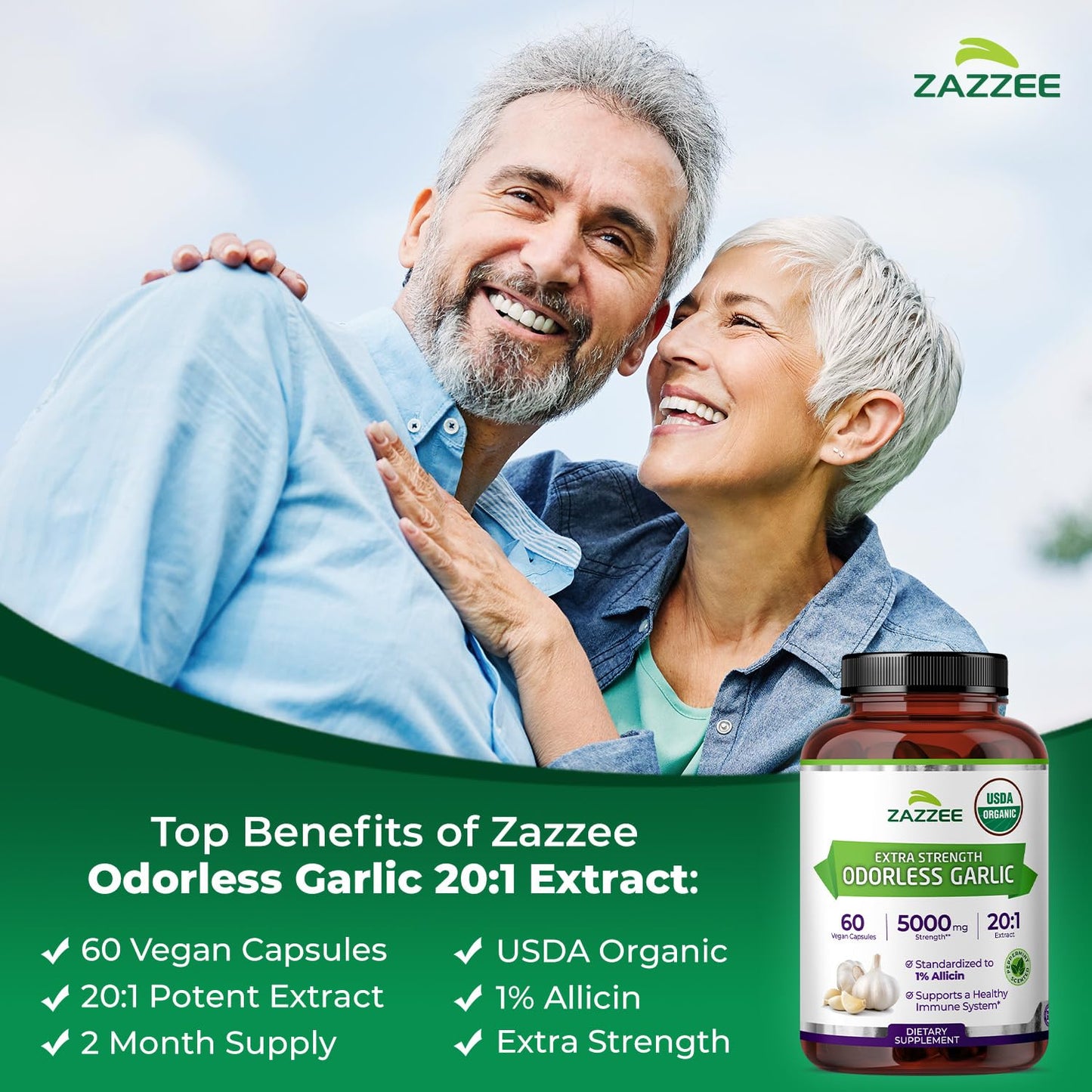 Zazzee USDA Organic Odorless Garlic 20:1 Extract, 1% Allicin, 60 Capsules