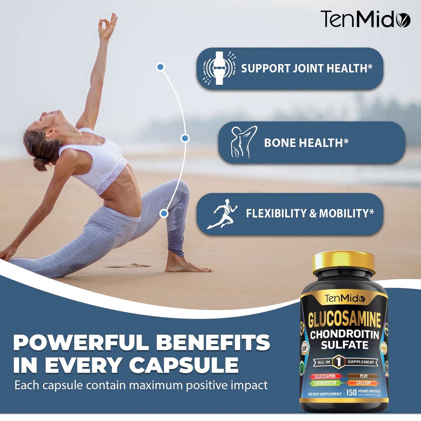 Tenmido Glucosamine Chondroitin MSM Supplement Capsules, 150 Count