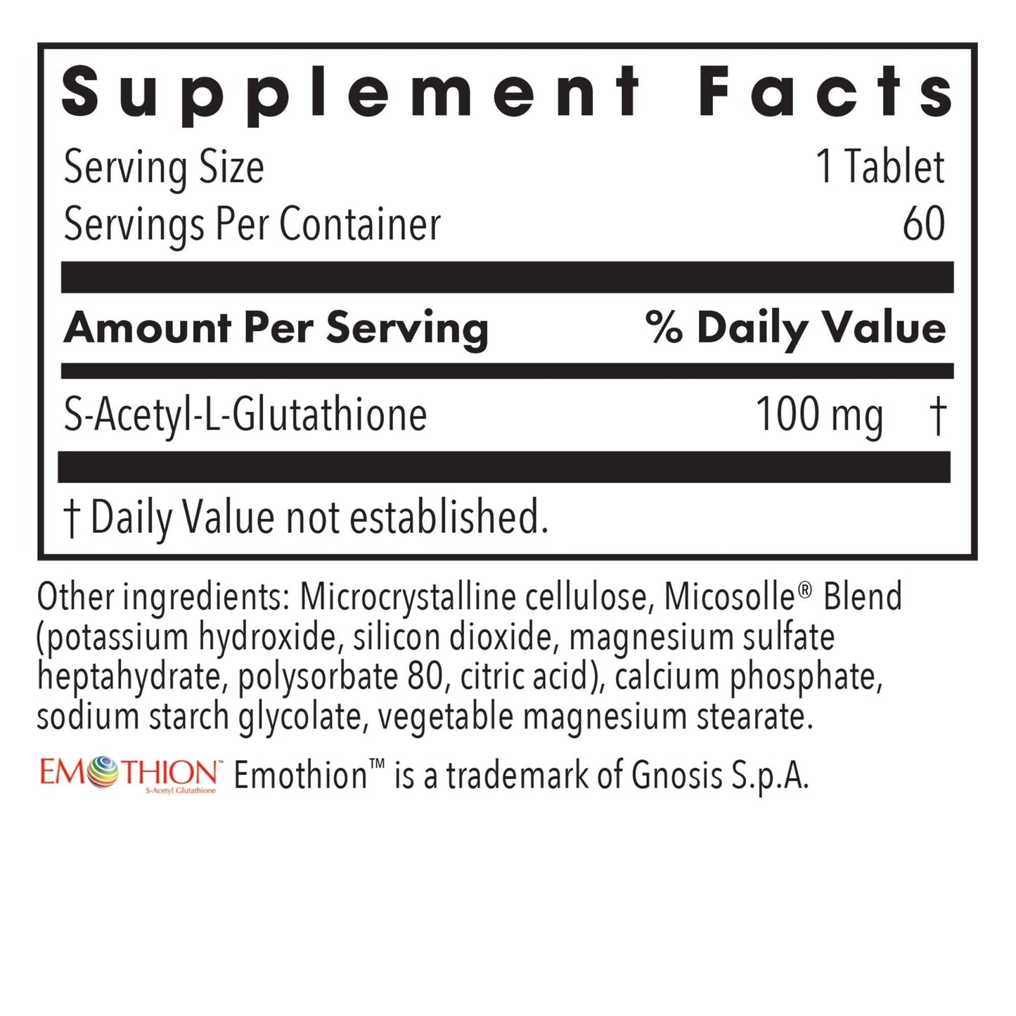 Allergy Research Group Acetyl-Glutathione 100 mg Stabilized Bioavailable Glutathione Tablet, 60 Tablets