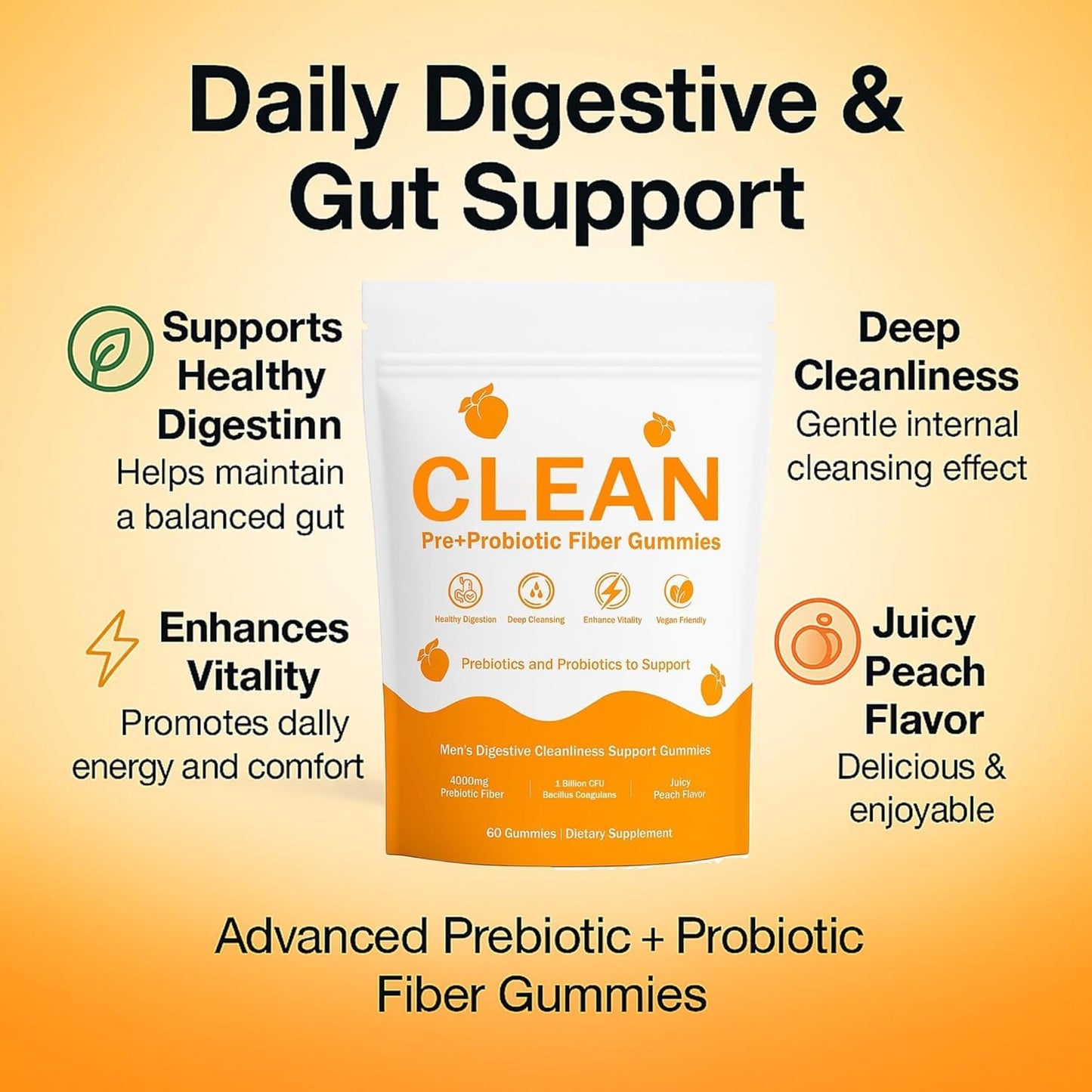 TADALAPRO Clean Prebiotic Fiber Gummies for Men, Pre+Probiotic Fiber Gummies, Gut Balance, Digestive Support & Daily Clean Confidence, Men's Cleaning Support Gummies, Peach Flavor, 60 Count
