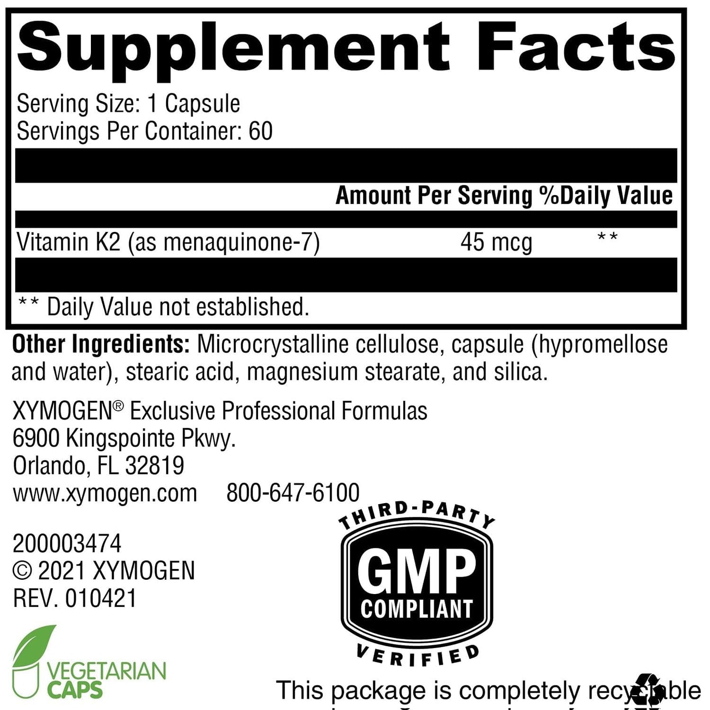 XYMOGEN K2-45 Vitamin K2 45 mcg Bone & Cardiovascular Support, 60 Capsules