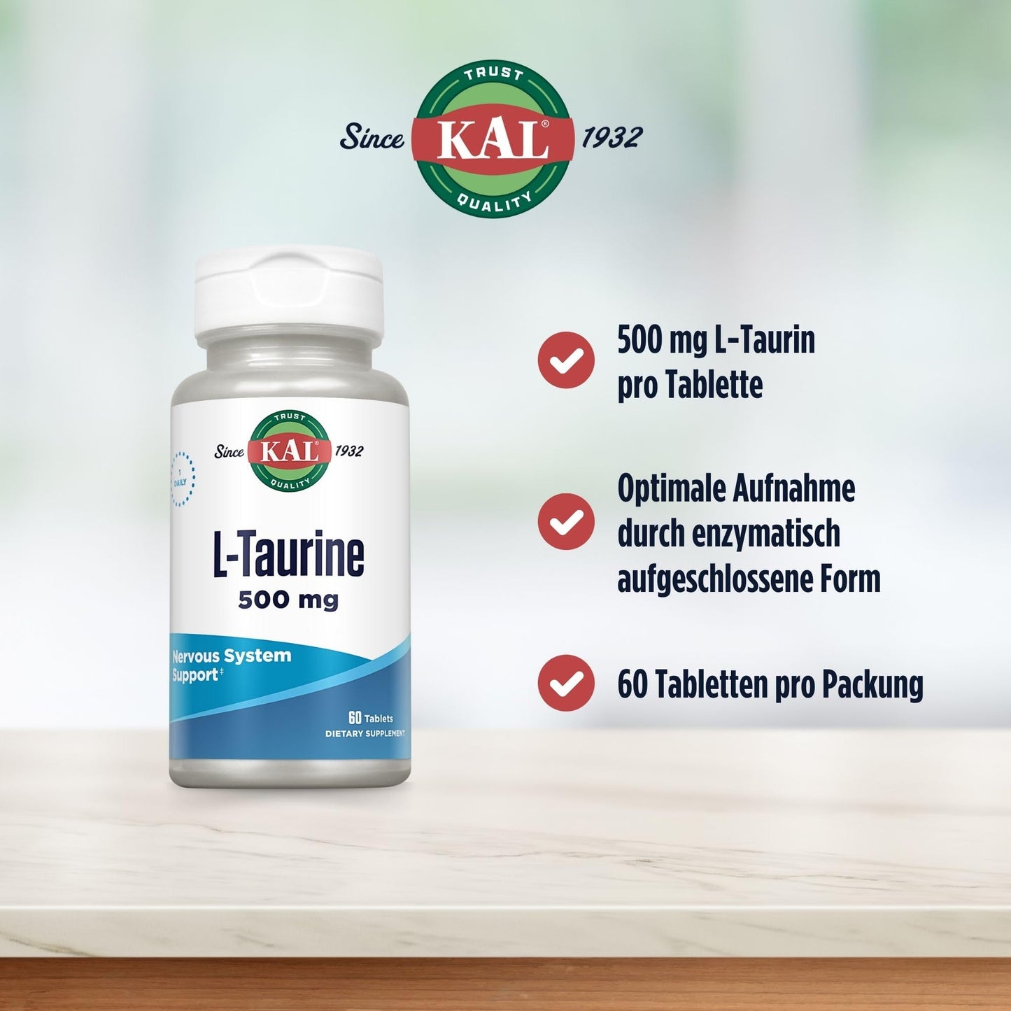 KAL L-Taurine 500 mg Tablets, 60 Count