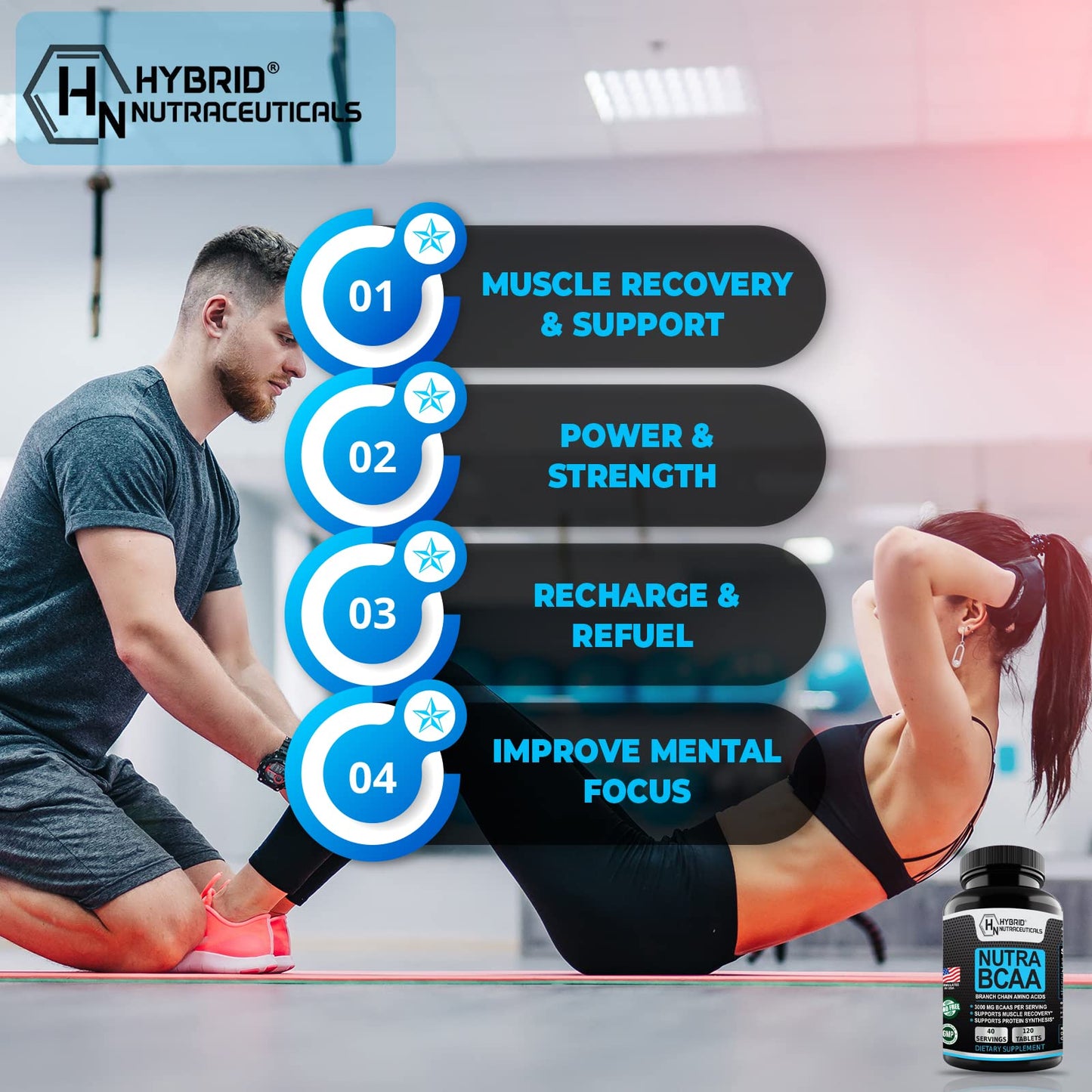 Hybrid Nutraceuticals Nutra BCAA 3000mg Branched Chain Amino Acids Supplements - Sugar Free Pre Workout, Non-GMO, Vegan, 120 Tablets