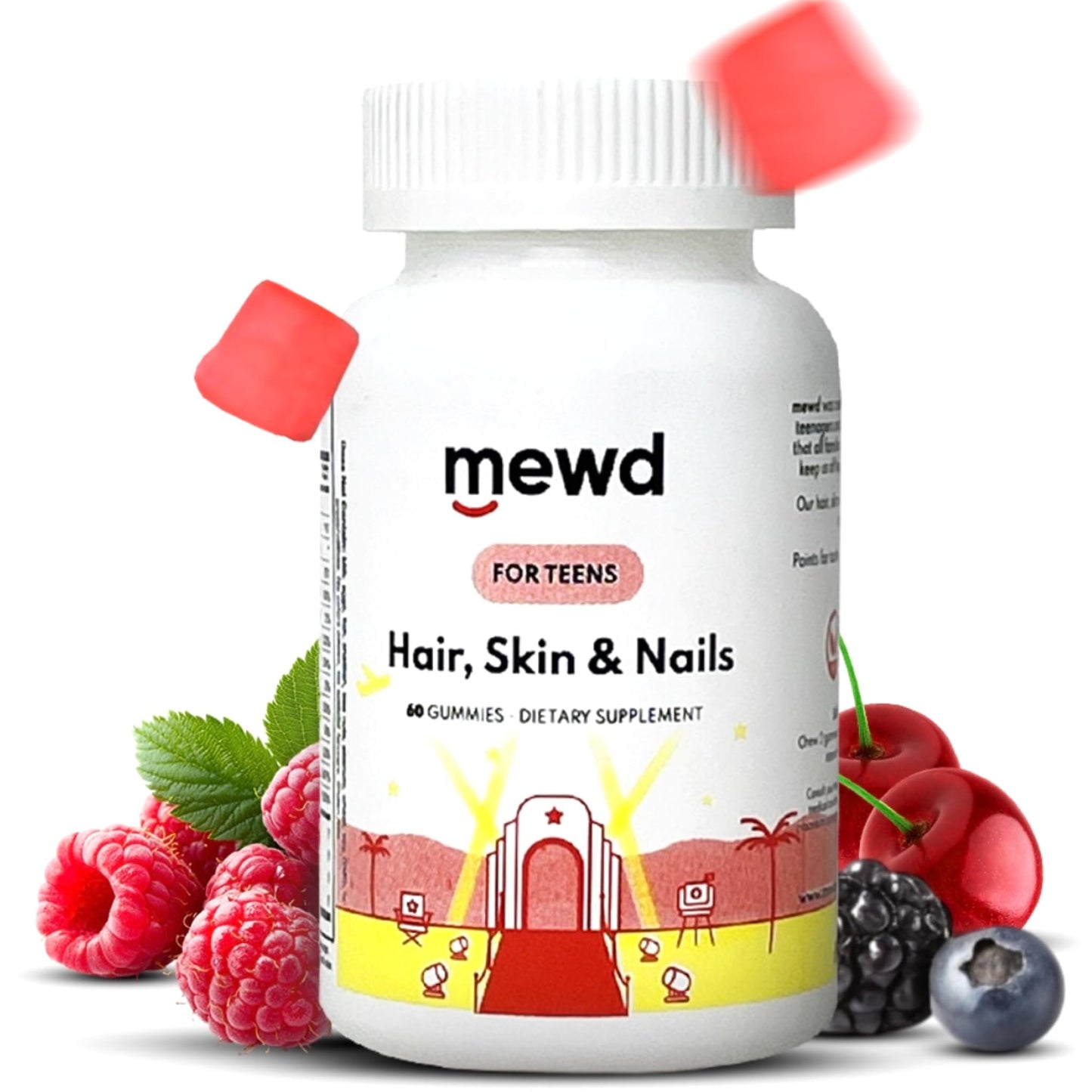 MEWD Teen and Kids Hair, Skin & Nails Support Multivitamin Gummies - Biotin Strength & Growth with Zinc, Vitamins A, D3, B1, B2, B6 & B12 - Gluten-Free, Non-GMO for Girls & Boys - 60 Count