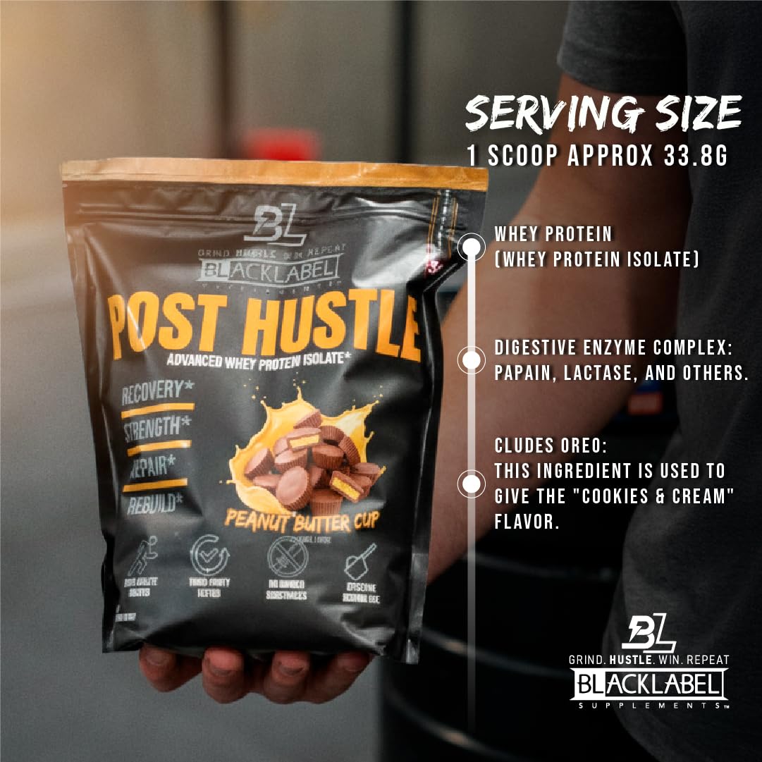BLACKLABEL Supplements Post Hustle Post Workout Protein Powder Whey Protein Isolate Powder with Digestive Enzymes Peanut Butter Cup, 40 Servings