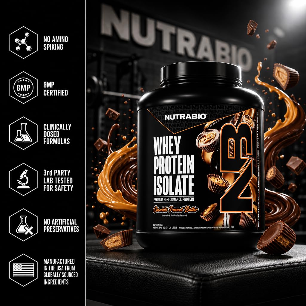 NutraBio 100% Whey Protein Isolate Protein Powder, Chocolate Peanut Butter, 5 Lbs, 80 Servings