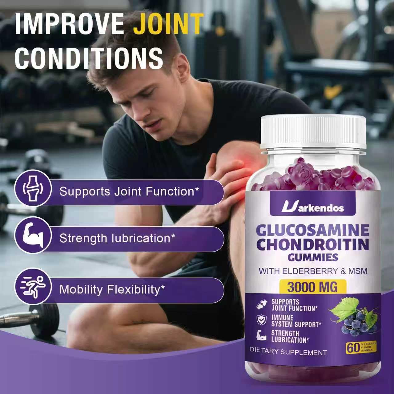 Uarkendos Glucosamine Chondroitin Gummies with MSM & Elderberry 3000mg, Gummies, 60 Count