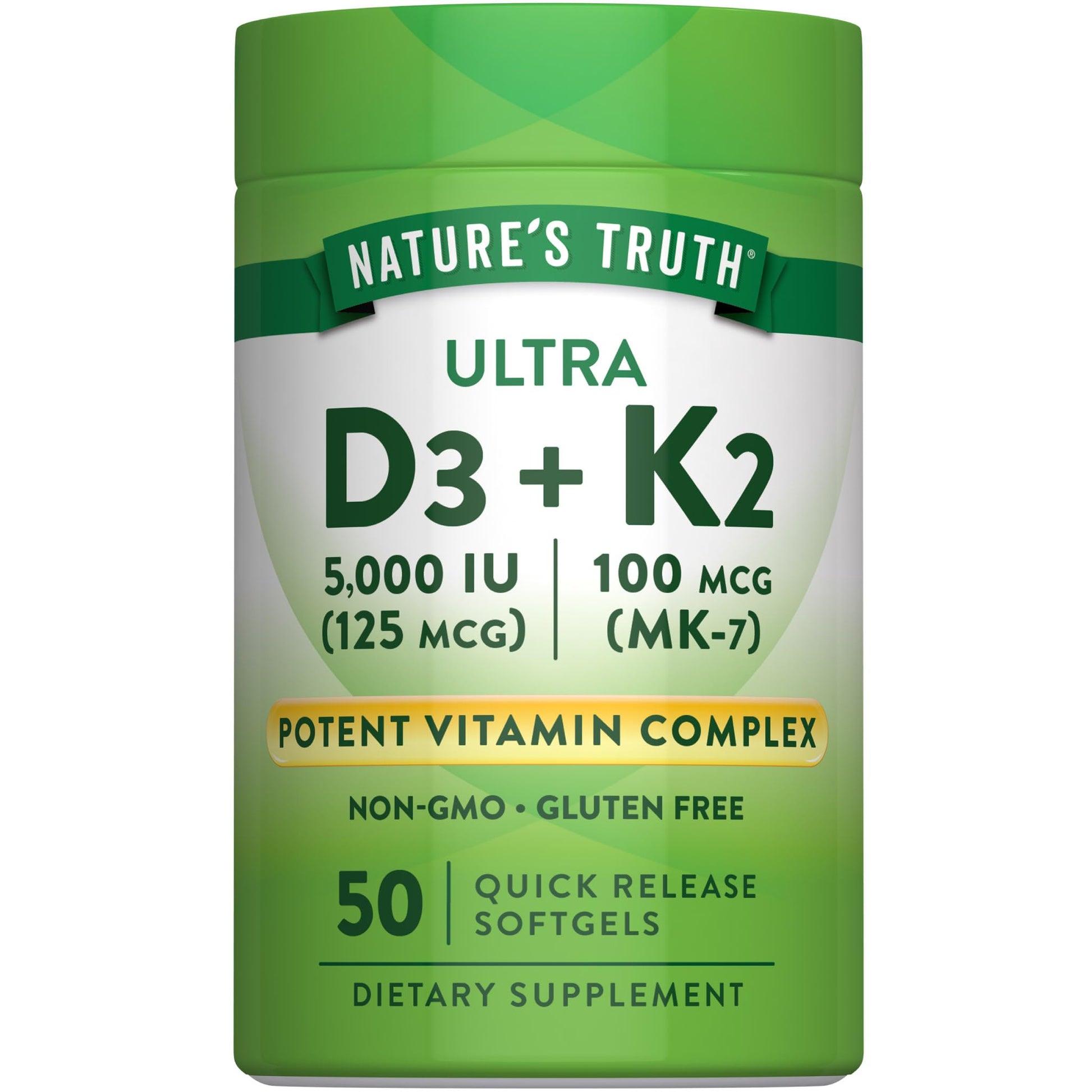 Nature's Truth Vitamin K2 MK7 Complex Softgels 100 mcg, with D3, 50 Count