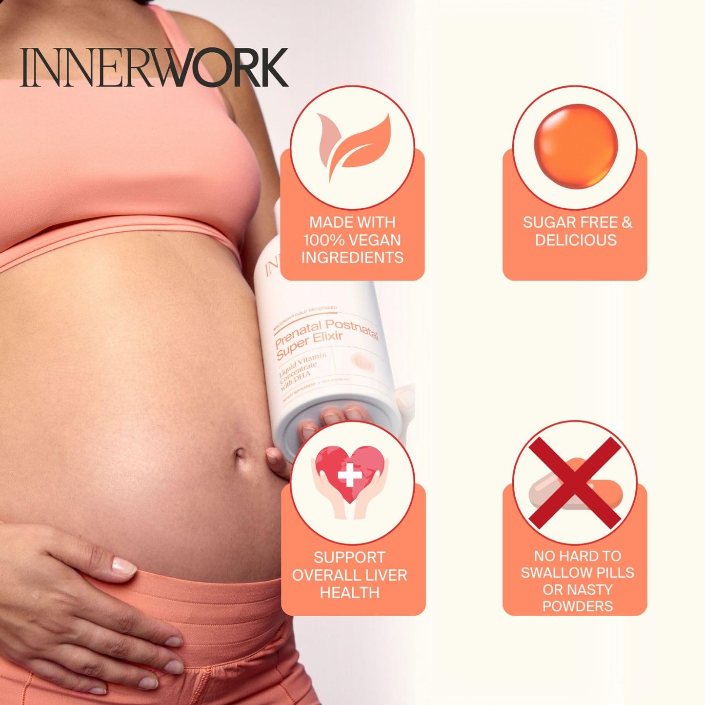 Innerwork Prenatal Multivitamin for Women with DHA, Folate, Choline & B Complex Gummy 120 Count