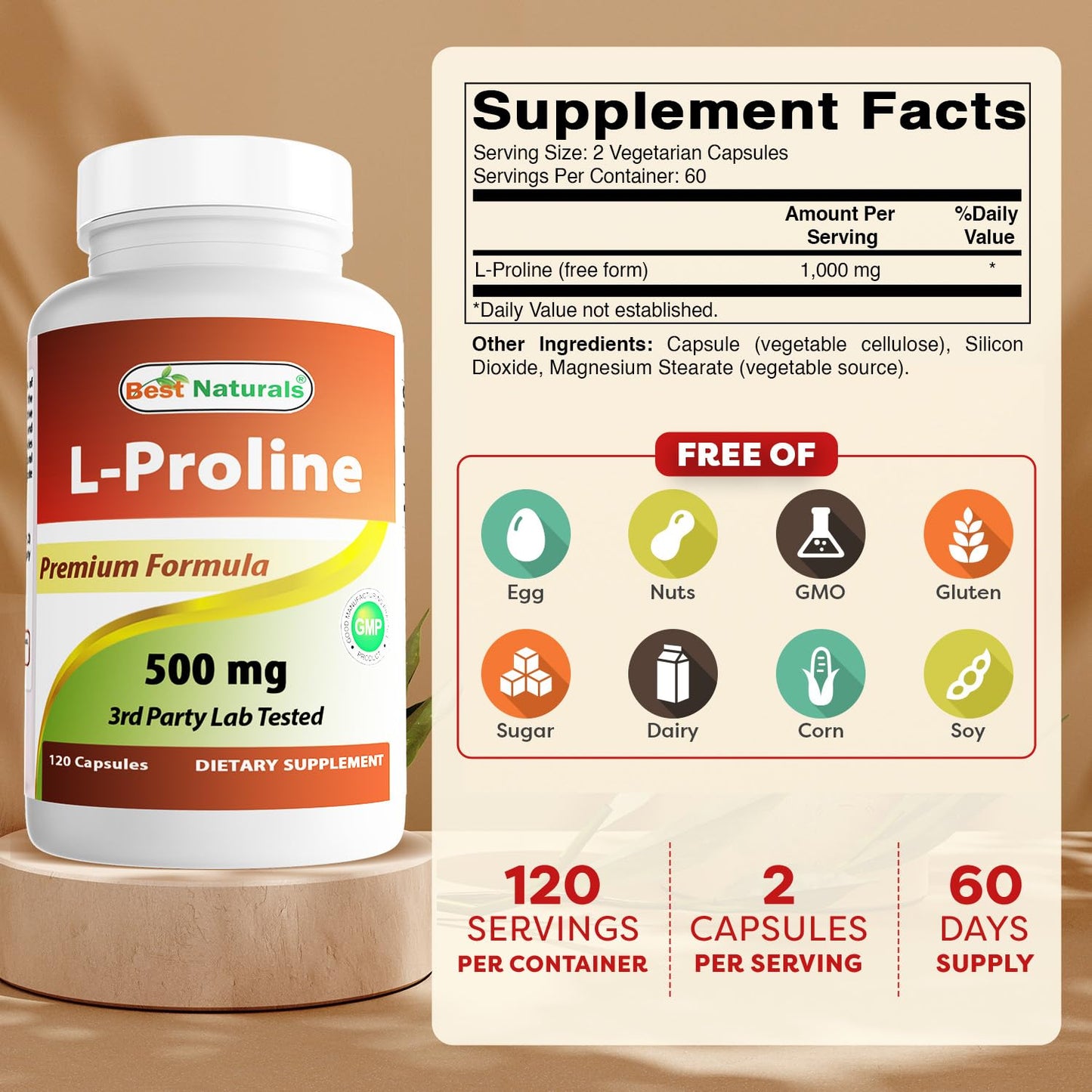 Best Naturals L-proline Amino Acid Dietary Supplement 500 Mg Capsule, 120 Count