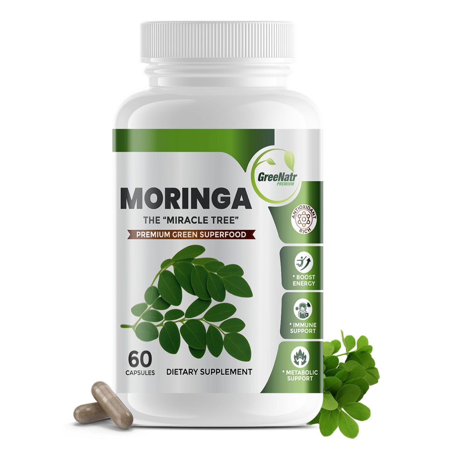 GreeNatr Pure Moringa Oleifera Green Superfood Capsules, 60 Count