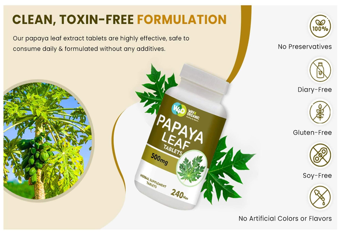WAY 4 ORGANIC W4O Papaya Leaf Extract 500 mg, 240 Tablets