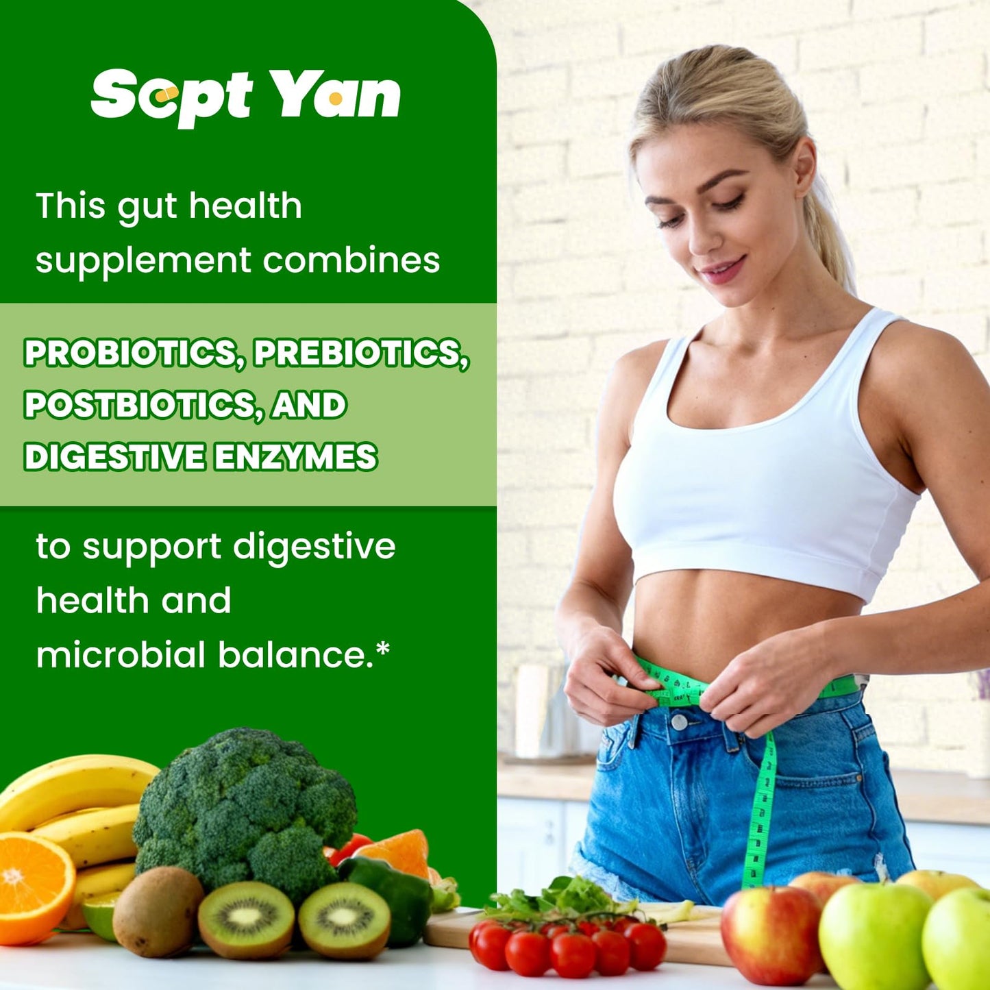 SEPT YAN Gut Health Supplement with Prebiotics, Postbiotics & Probiotics for Digestive Health for Women & Men, 80 Billion CFU Probiotics for Gut and Digestion, Immune Support, 90 Capsules