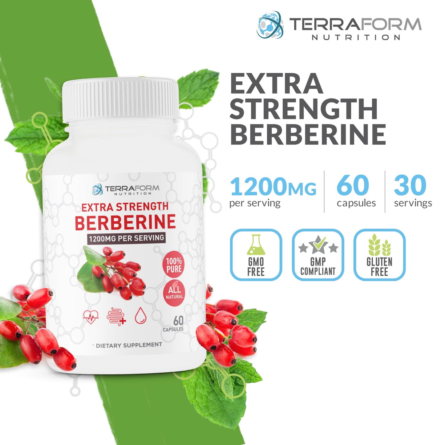 TerraForm Nutrition Berberine HCL 1200mg Daily High Potency Pure Berberine Supplement Capsules, 60 Count