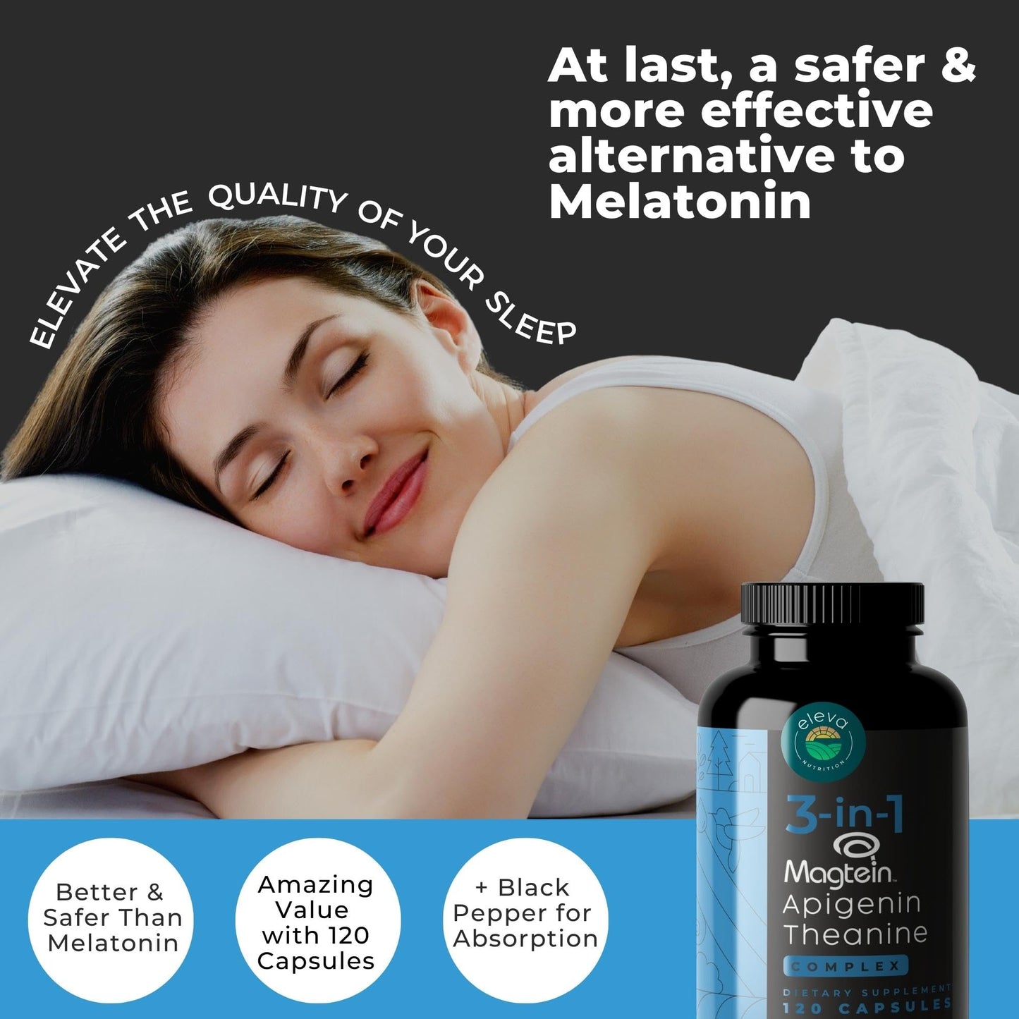 Eleva Nutrition Magnesium Theanine L-Threonate Apigenin Sleep Aid 3-in-1 Complex Capsules 120 Count