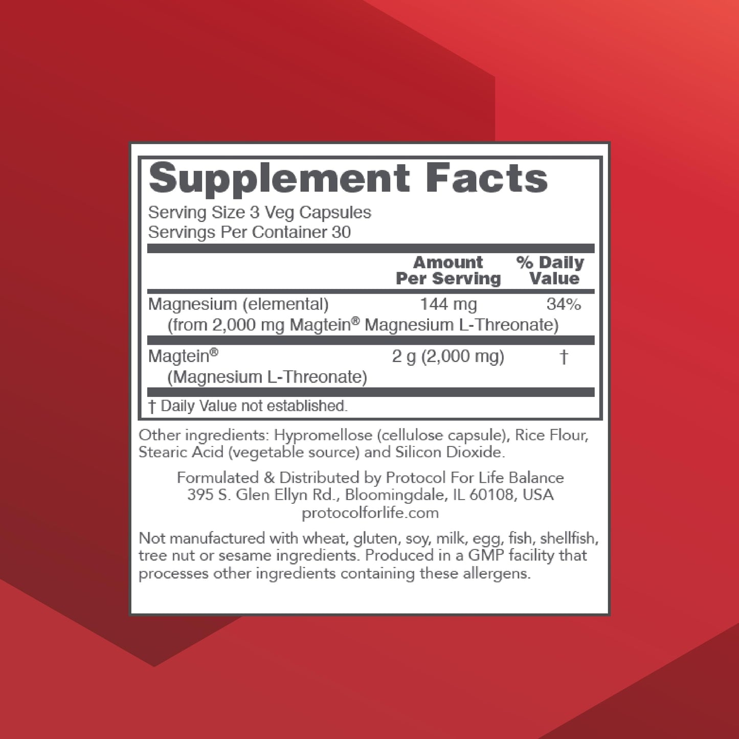 PROTOCOL FOR LIFE BALANCE Magtein Magnesium L-Threonate - 2,000mg Veg Capsules, 90