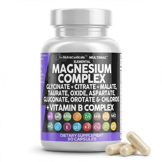 Clean Nutraceuticals Magnesium Complex with Magnesium Glycinate Citrate Malate Oxide Taurate Aspartate Orotate & Mag Chloride, Zinc Copper Manganese & Vitamin C B1 B2 B6 B12 Complex Capsules 90 Count