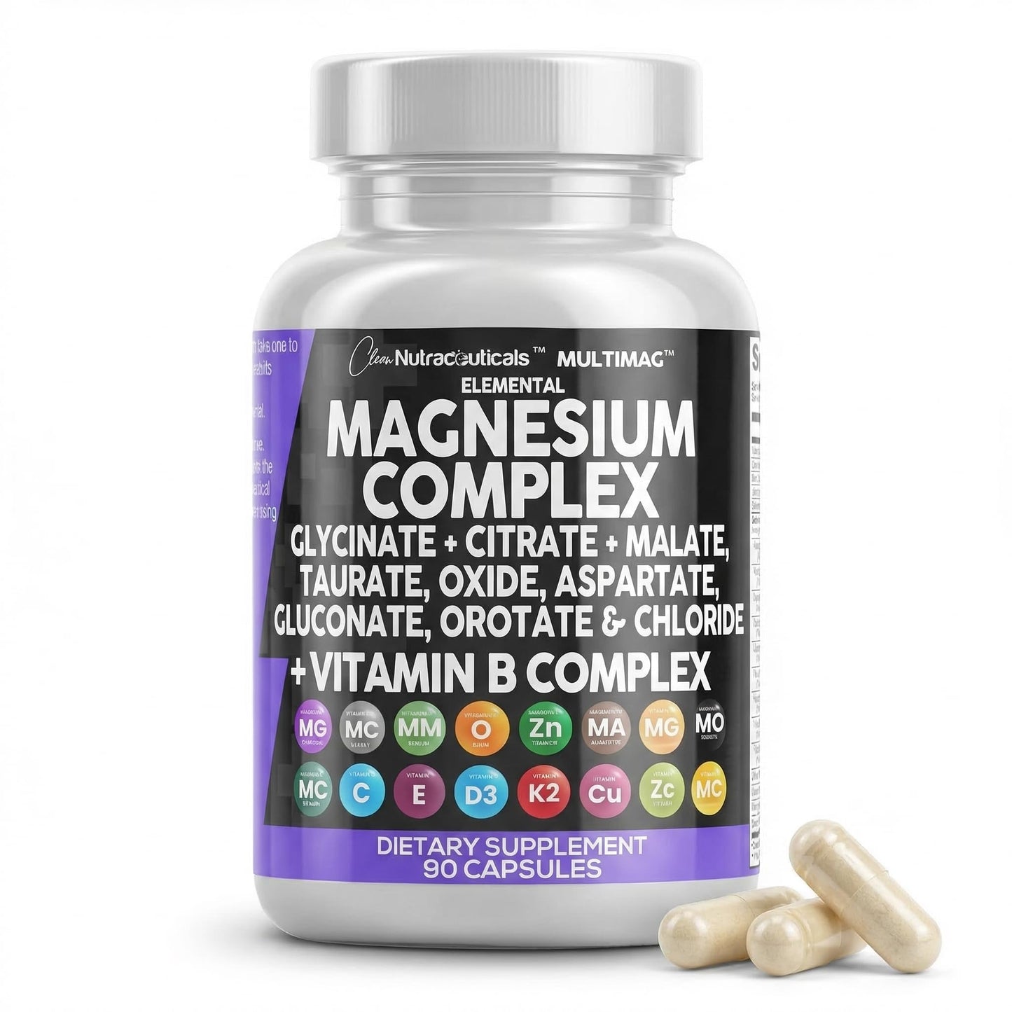 Clean Nutraceuticals Magnesium Complex with Magnesium Glycinate Citrate Malate Oxide Taurate Aspartate Orotate & Mag Chloride, Zinc Copper Manganese & Vitamin C B1 B2 B6 B12 Complex Capsule, 90 Count