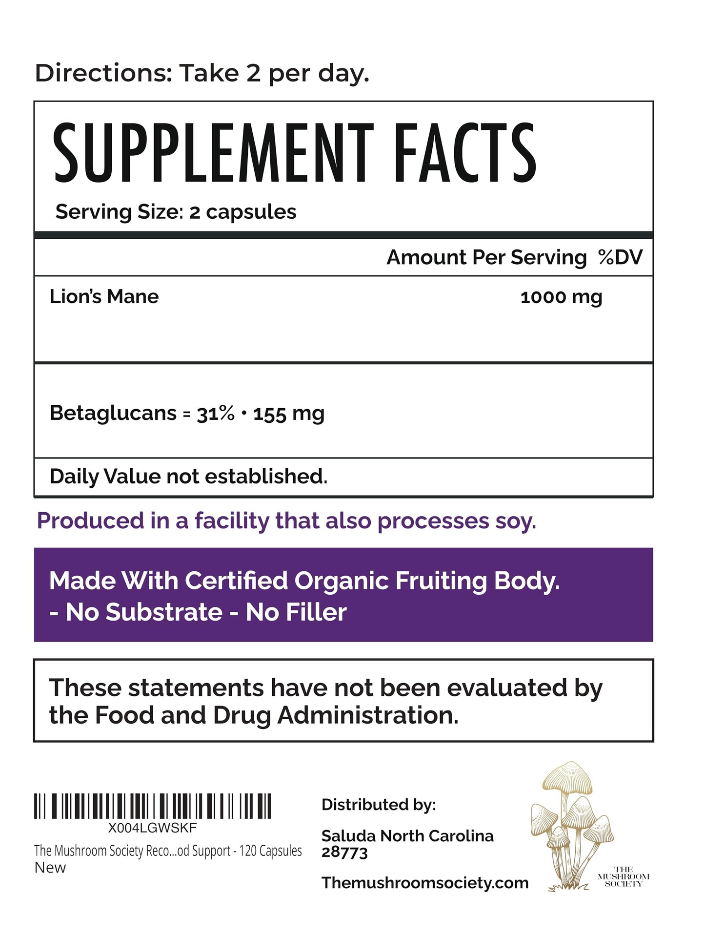 The Mushroom Society Brain Gain Lion’s Mane Supplement 120 Vegan Capsules