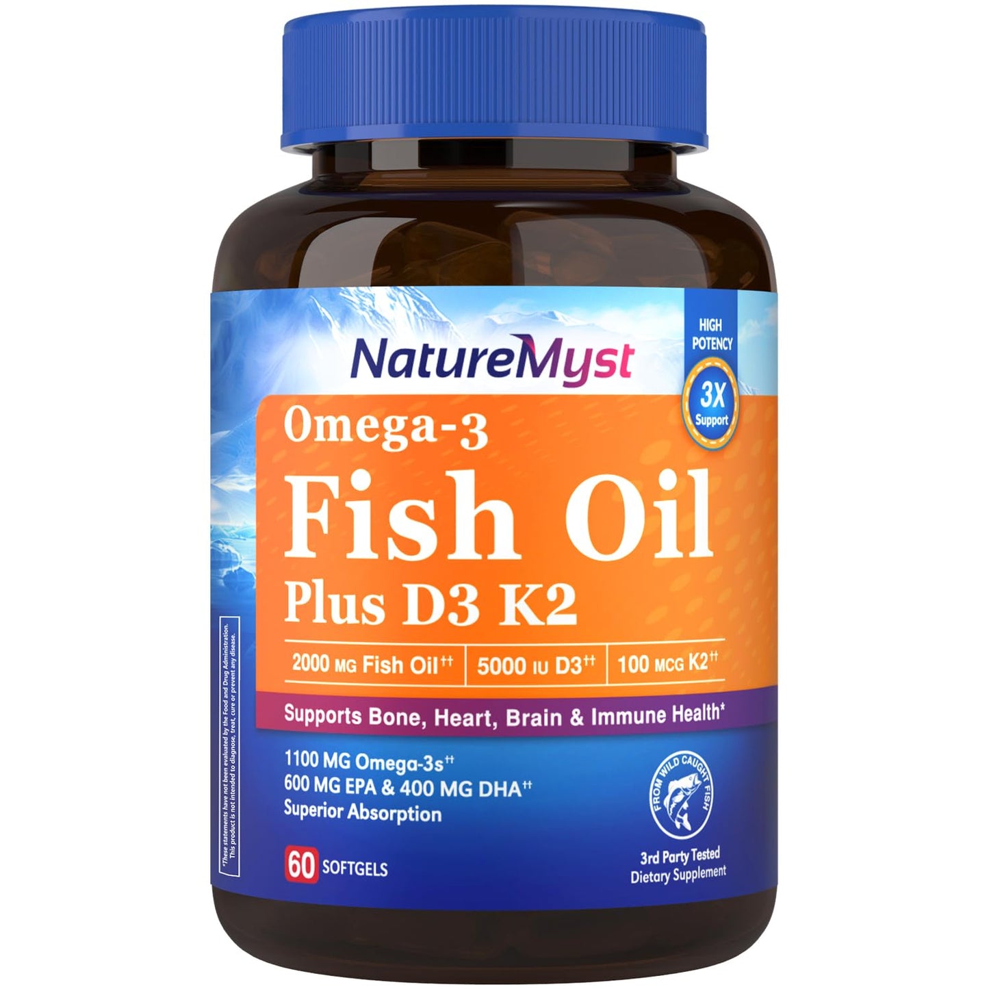 NatureMyst Omega-3 Fish Oil 2000 mg, Vitamin D3 K2 (MK-7), 600 mg EPA, 400 mg DHA Softgels, 60 Count