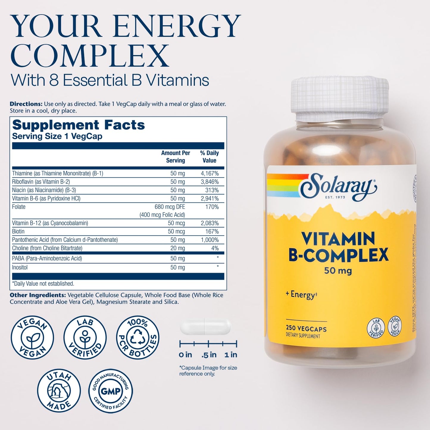 SOLARAY Vitamin B Complex 50 mg Capsule, 250 VegCaps