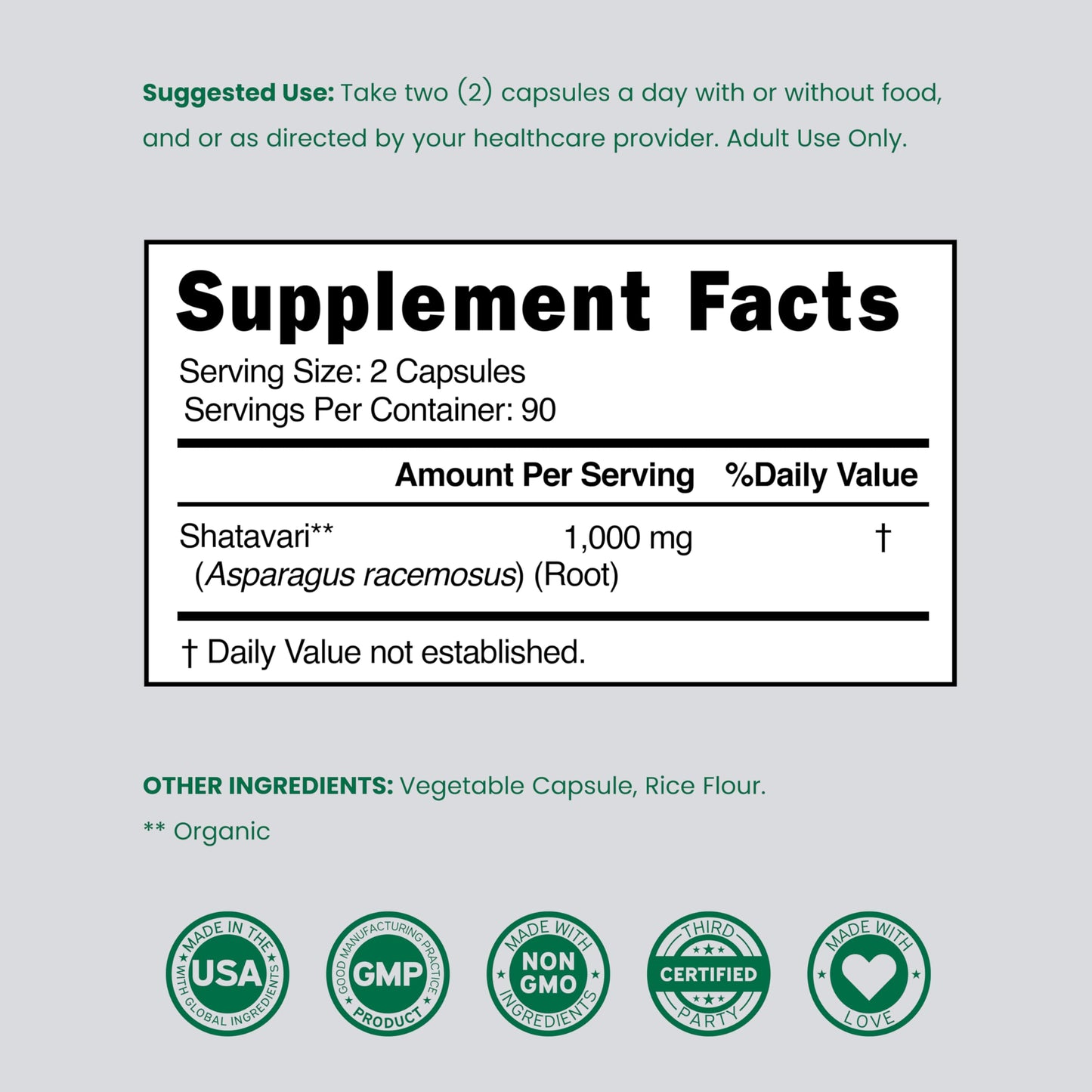 DORADO NUTRITION Organic Shatavari Capsules 180 Count