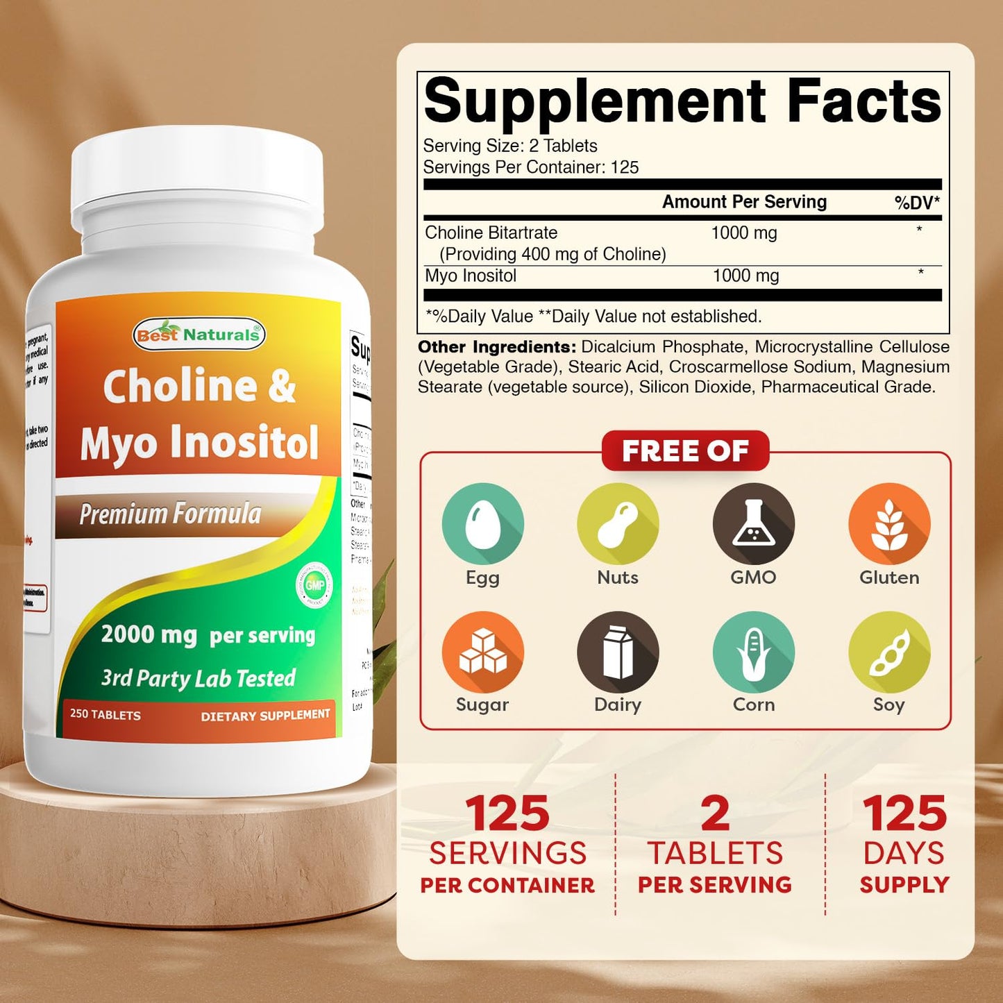 Best Naturals Choline Inositol (Myo Inositol) 2000 mg Per Serving Tablets, 250 Count