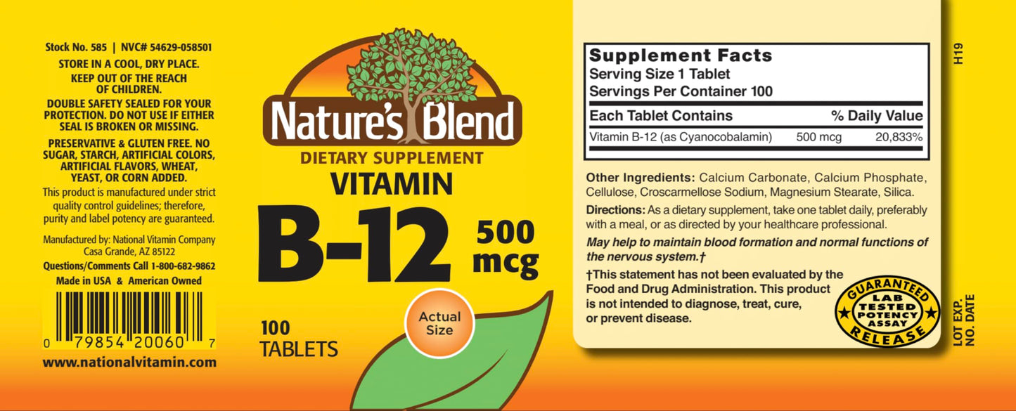 Xllent Nature's Blend Vitamin B-12 500 mcg Tablet, 100 Tablets