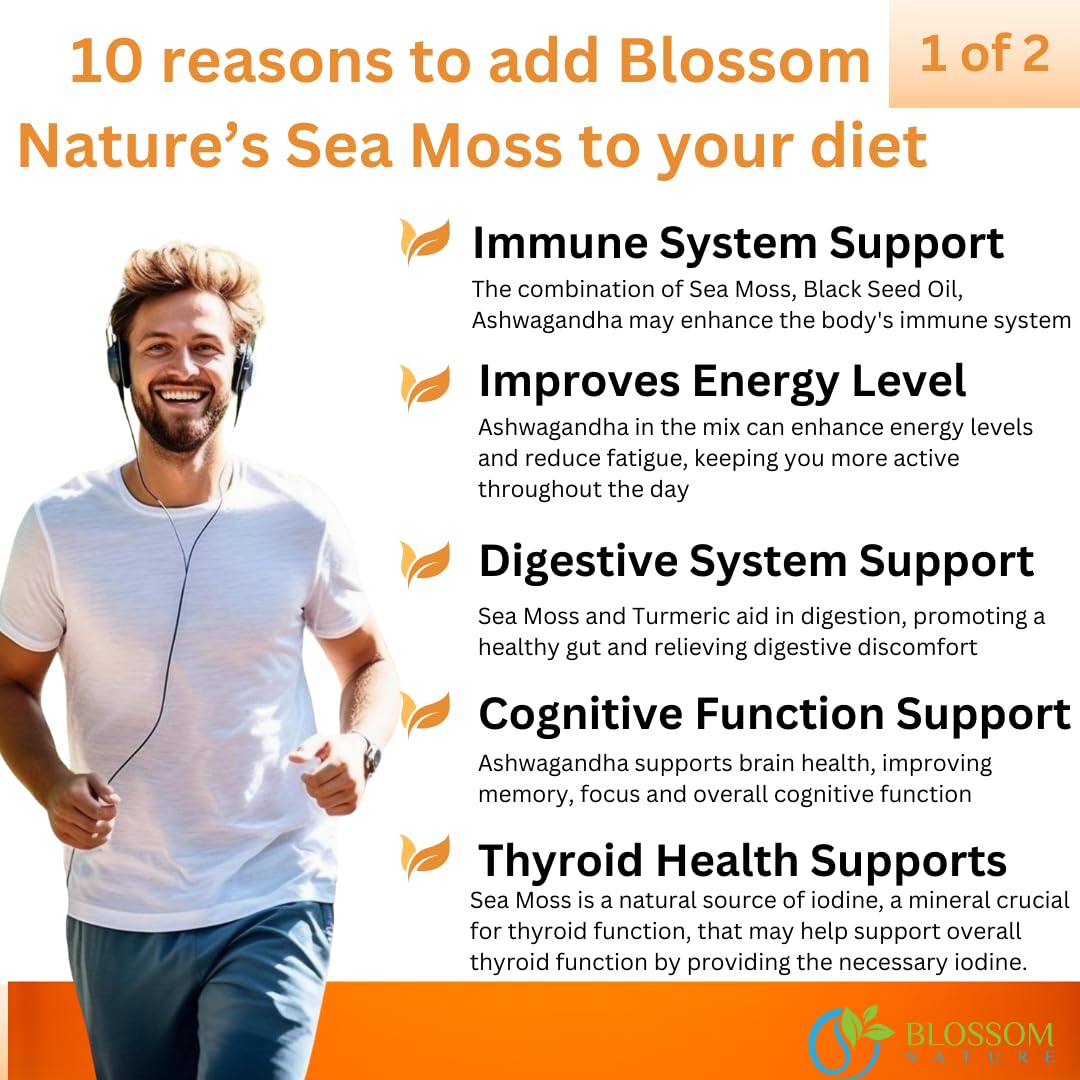 Blossom Nature 10-in-1 Irish Sea Moss 3000mg with Black Seed Oil, Ashwagandha, Bladderwrack, Burdock, Turmeric, Apple Cider Vinegar, Manuka Honey, Dandelion, Black Pepper, 60 Capsules