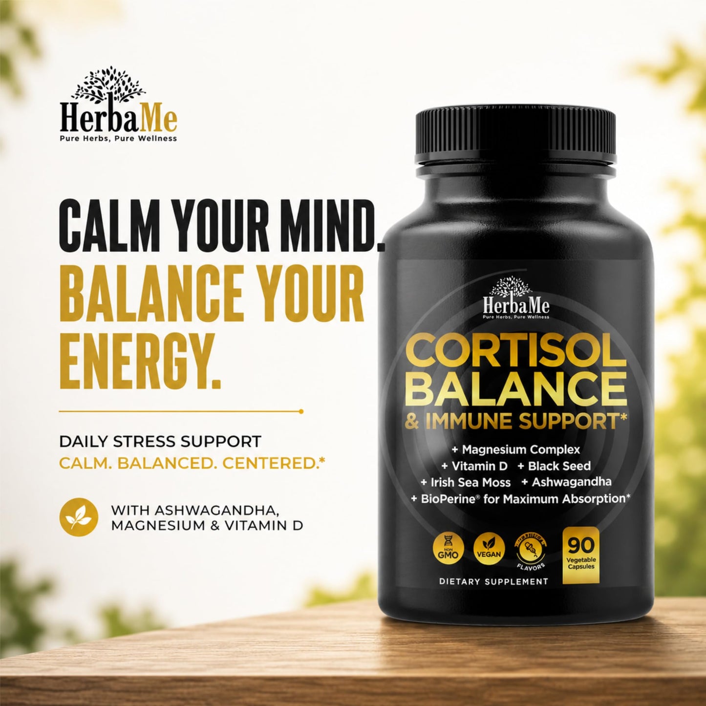 HerbaMe Stress Support Supplement for Calm Mood & Natural Cortisol Balance Capsules 90 Count