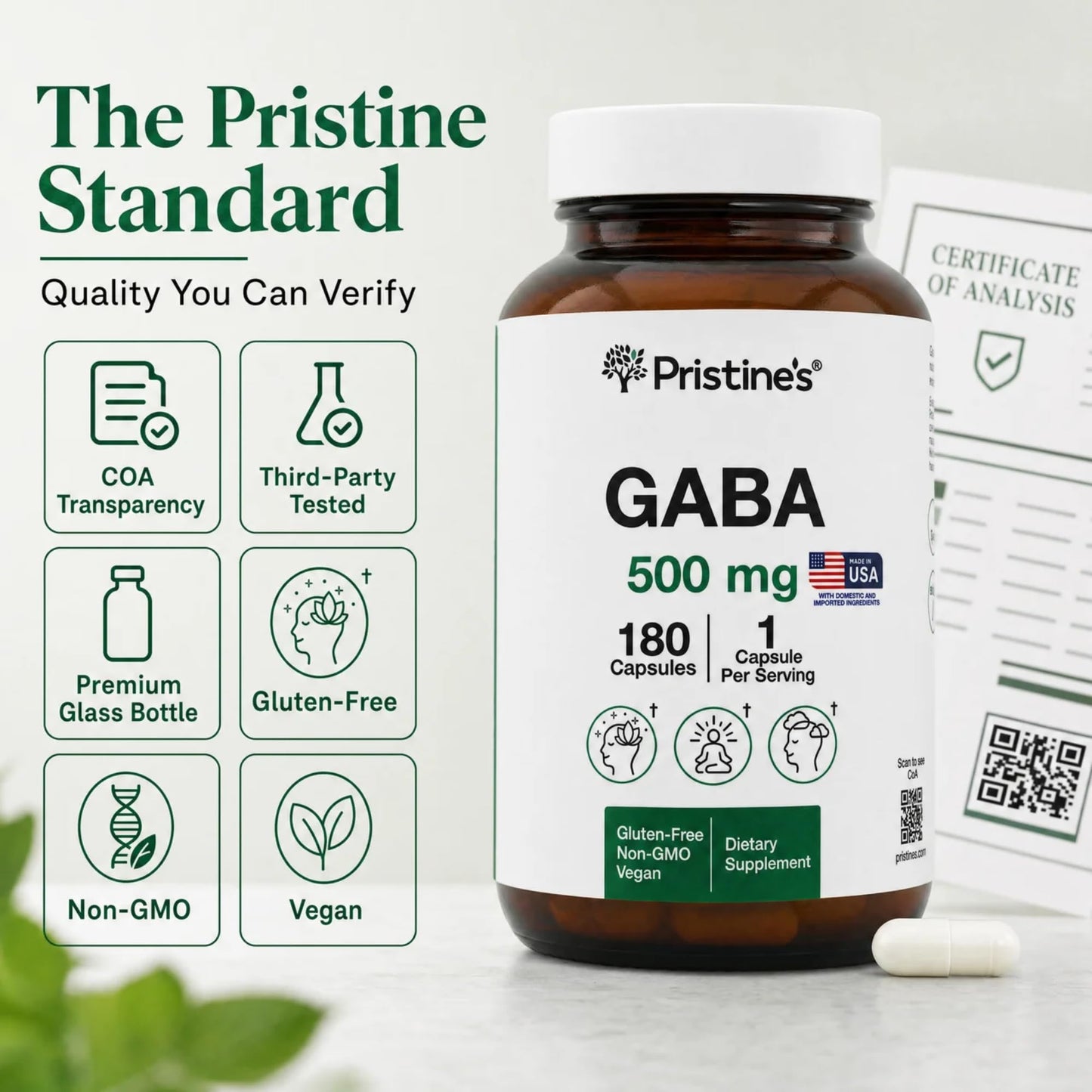 PRISTINE'S GABA 500mg Sleep Quality Support Capsules 180 Count