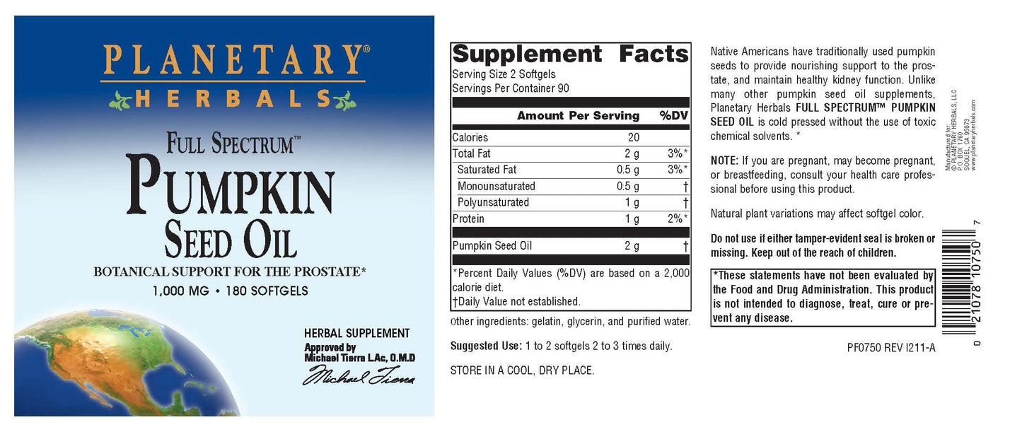 Planetary Herbals Full Spectrum Pumpkin Seed Oil Softgels 180 Count